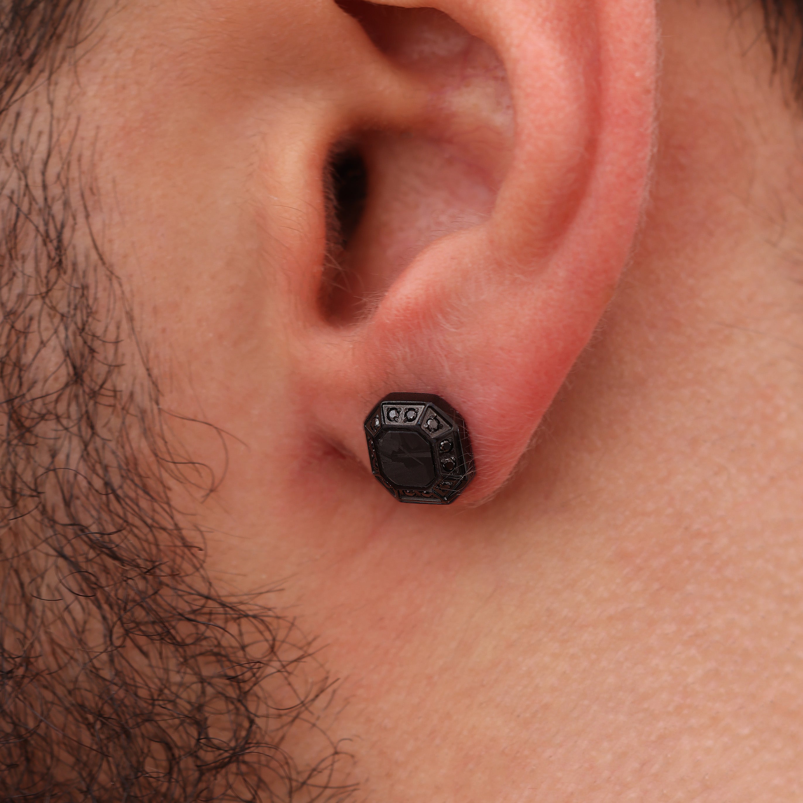 Black Rhodium Plated Diamond Hex Stud Earring 9mm with Black Zircon worn premium men’s stud earring lifestyle view