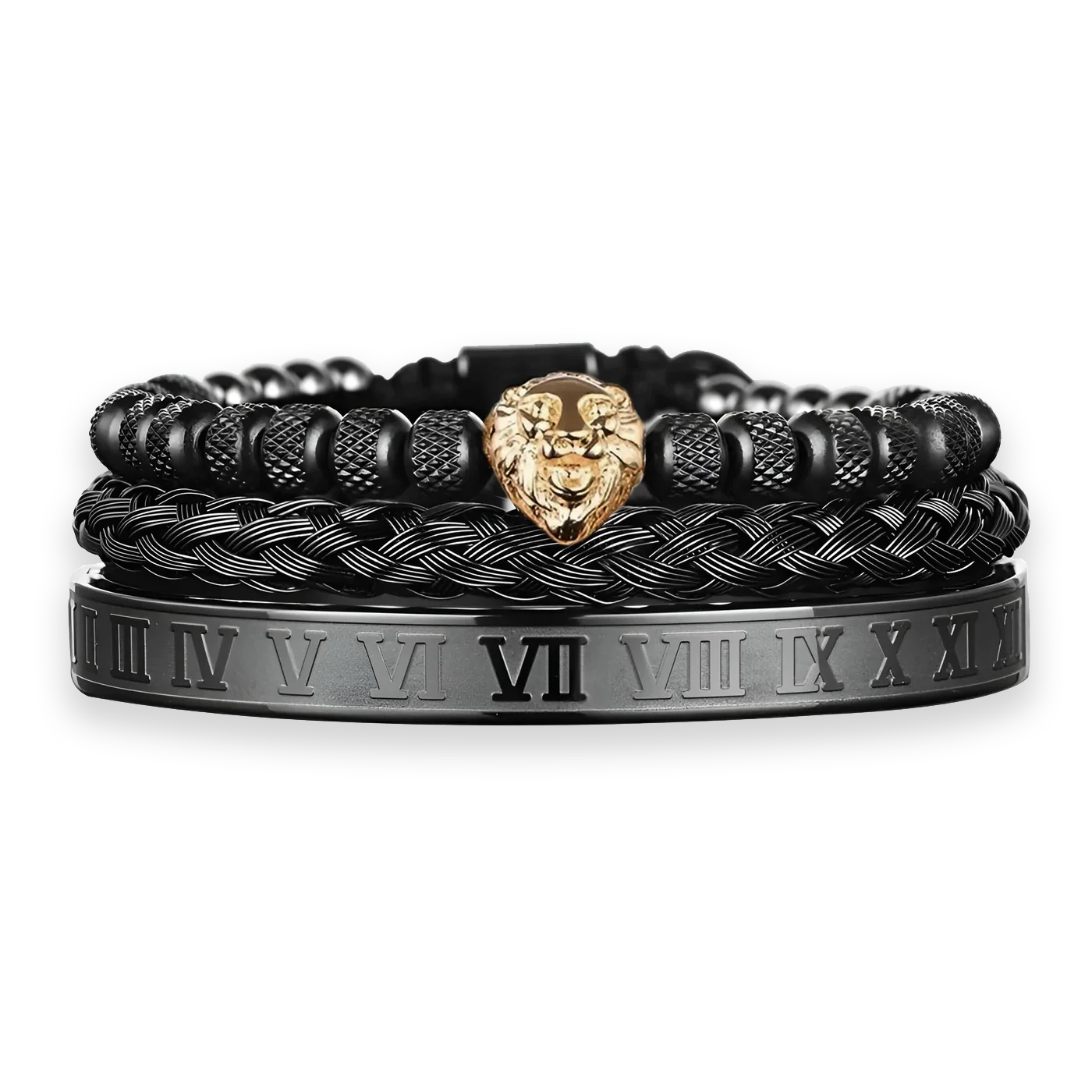 Black Rhodium Plated Trio Lion Bracelets with 18K Gold accents premium men’s bracelet set front view