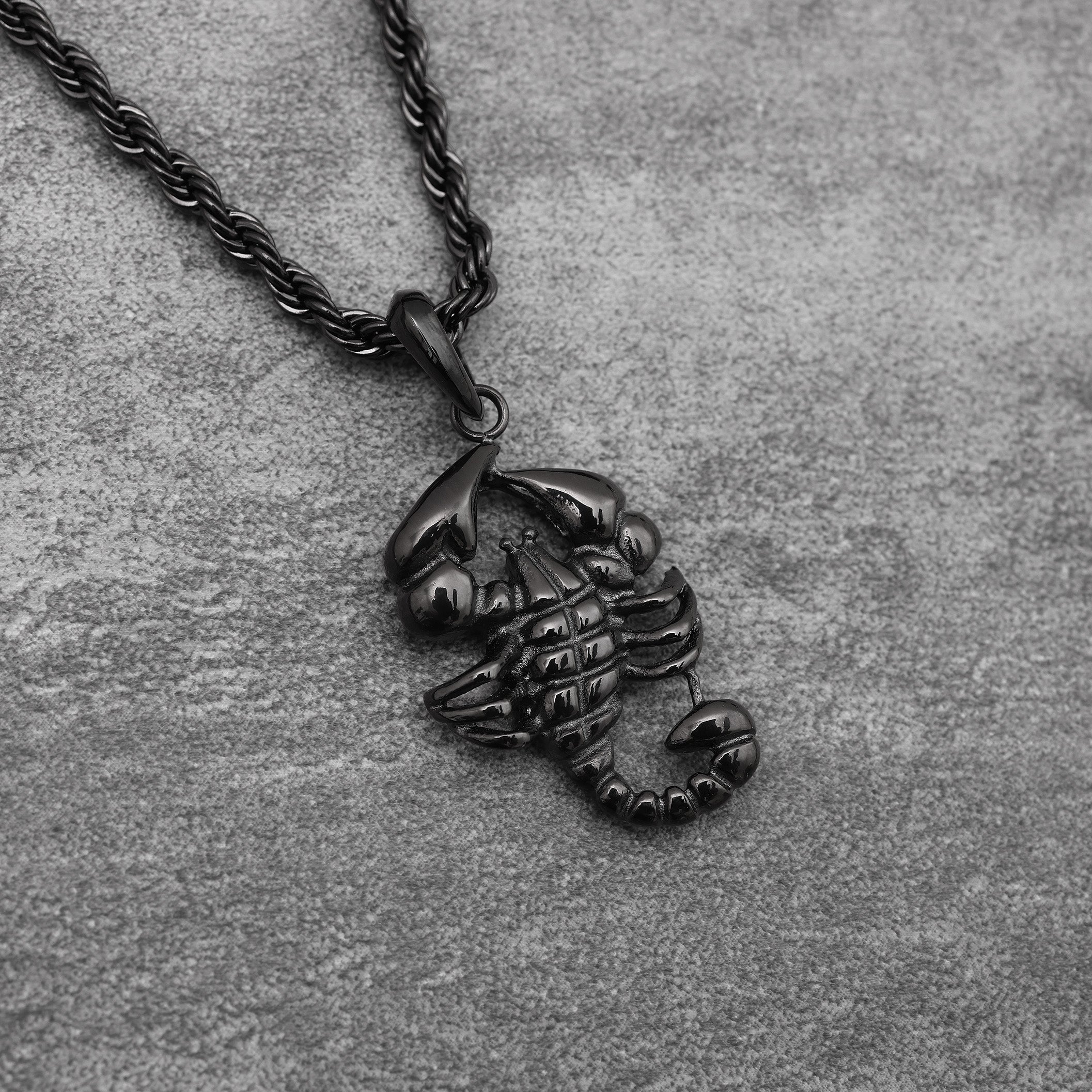 Close-up of Black Rhodium Plated Scorpion Pendant showing detailed scorpion design and craftsmanship