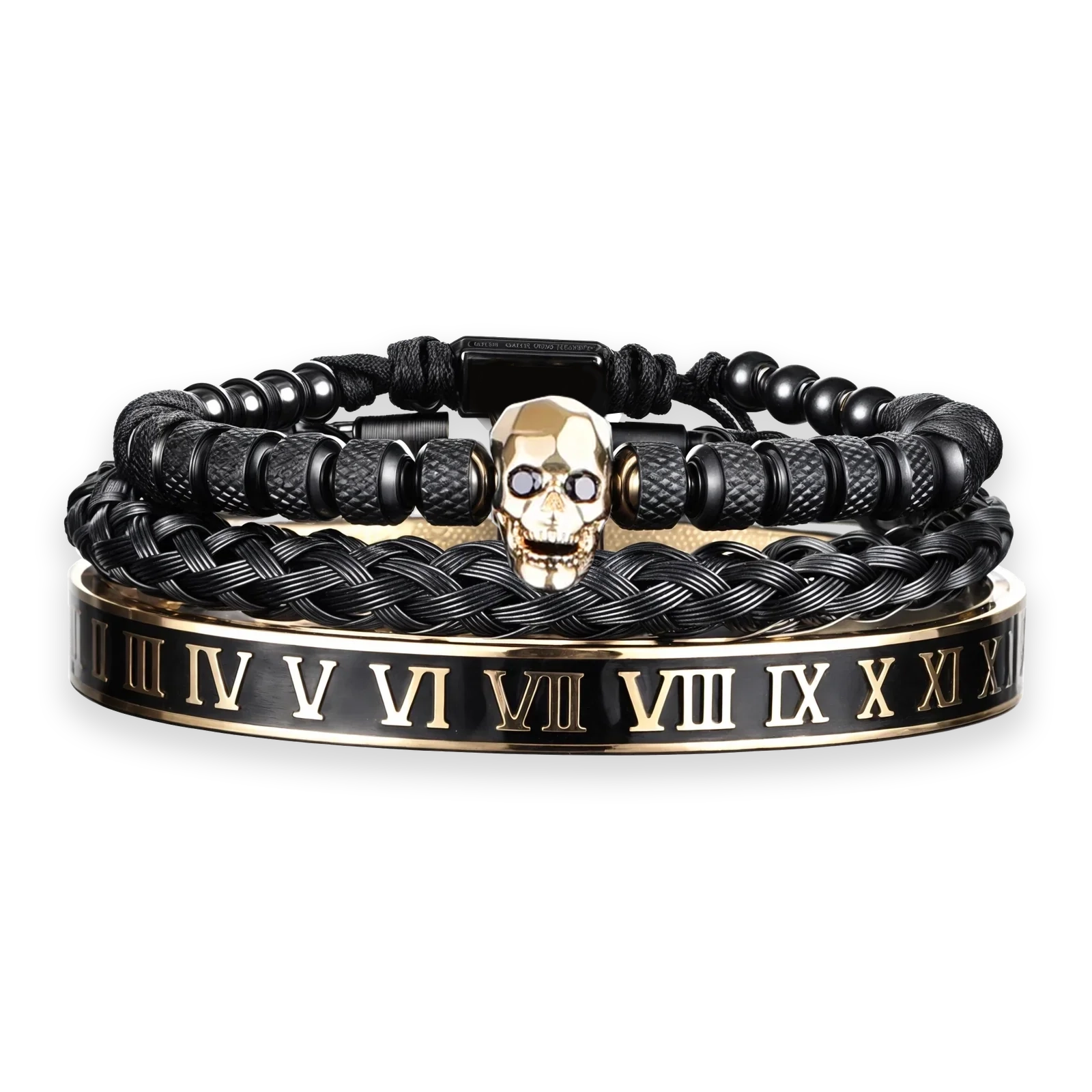Gold Plated Trio Skeleton Bracelets with Black Enamel premium men’s bracelet set front view