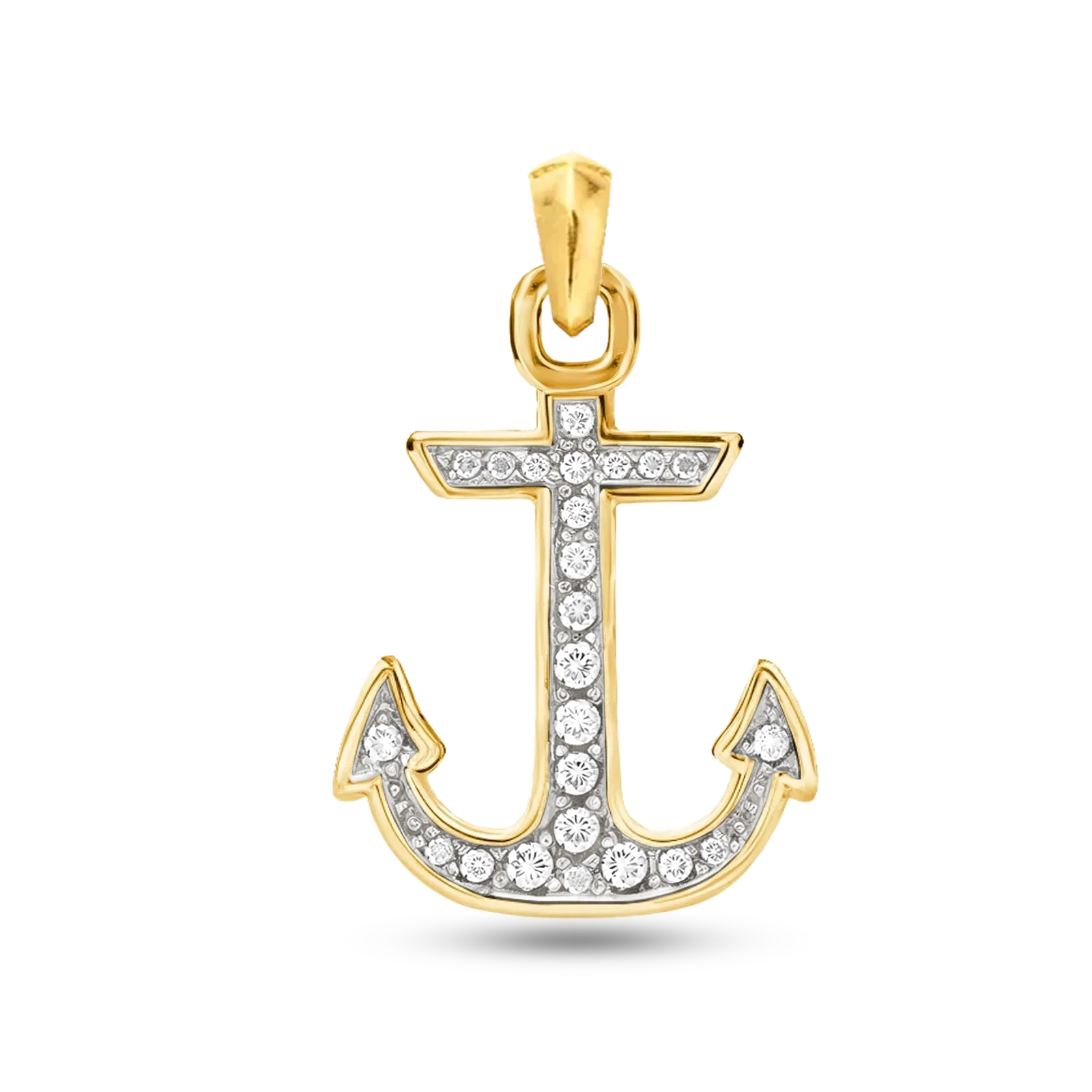 Gold Plated Diamond Anchor Pendant 38mm with White Zircon premium men’s anchor pendant front view