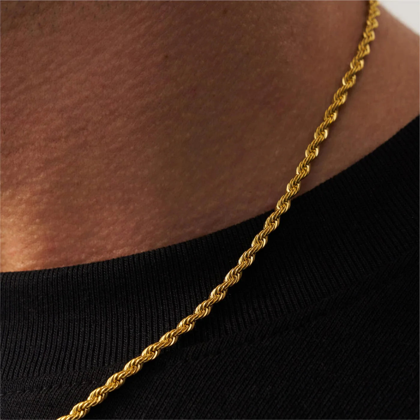 18K Gold Plated Rope Chain 3mm worn on neck premium men’s chain lifestyle view