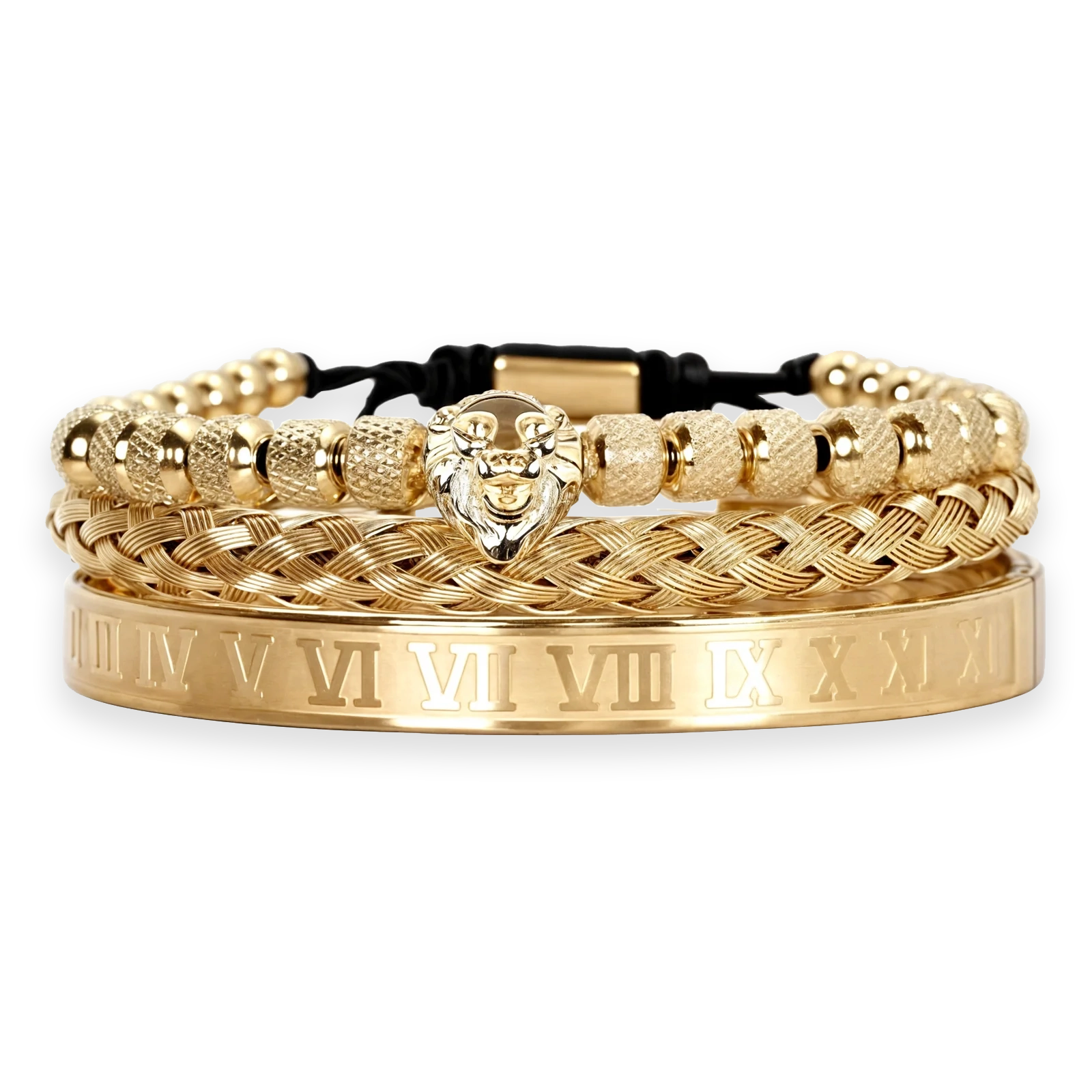 18K Gold Plated Trio Lion Bracelets premium men’s bead bracelet set front view