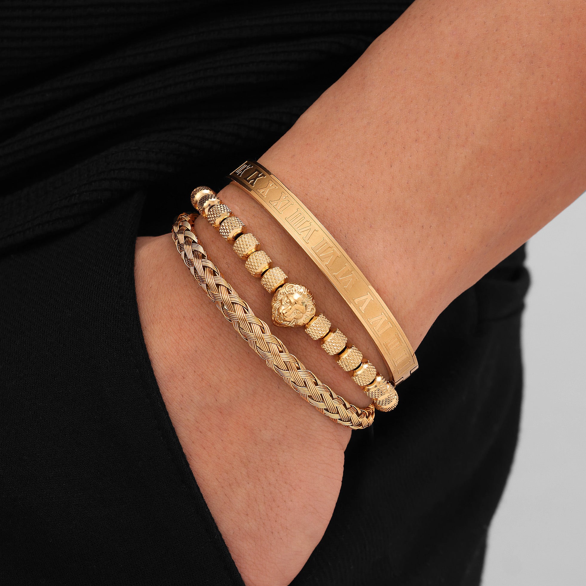 18K Gold Plated Trio Lion Bracelets worn on wrist