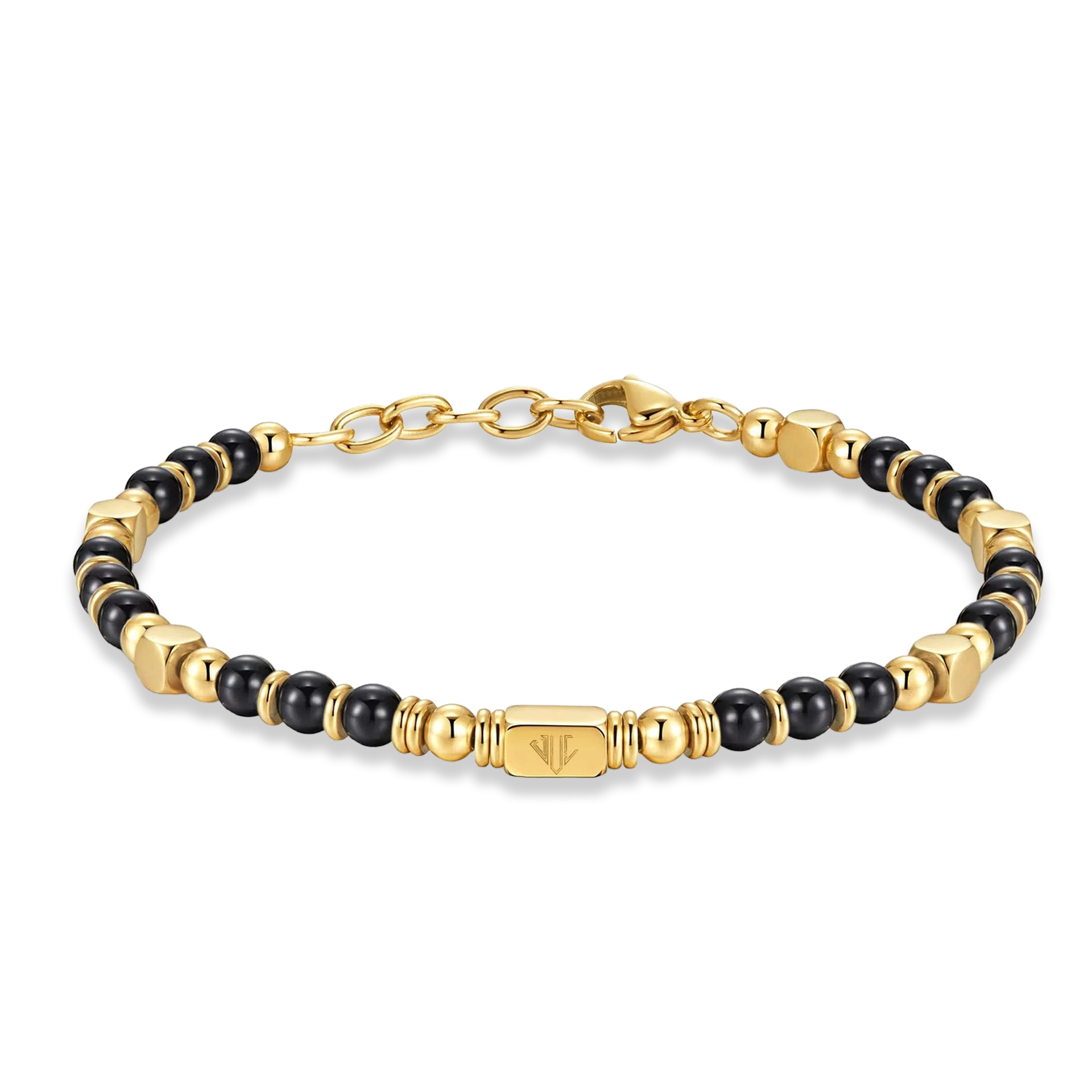 Men’s Black Onyx bead bracelet 4mm with 18K Gold Plated accents, Julivno