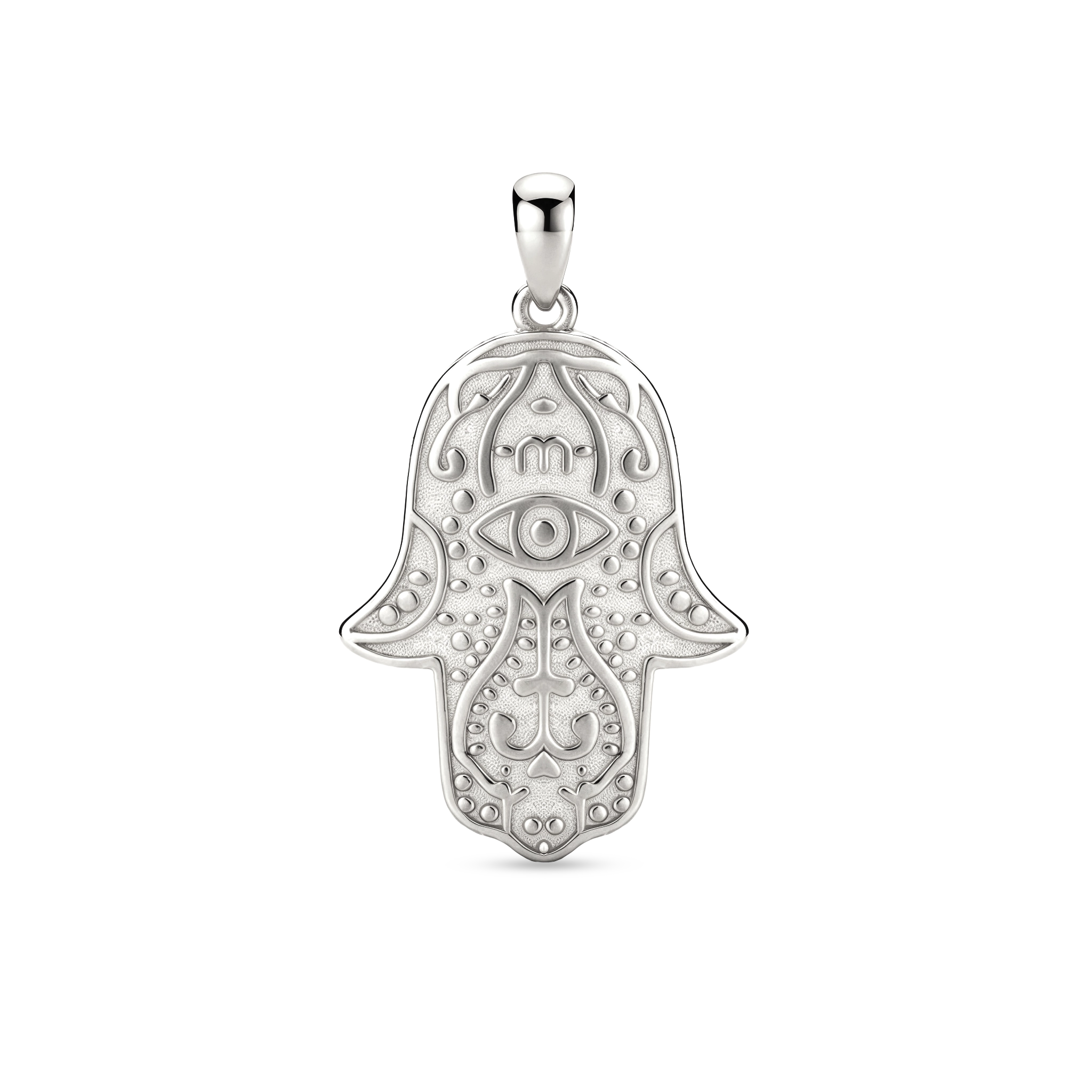 Men ans women's White Gold Plated Hamsa Hand pendant 26mm with symbolic open palm design, Julivno