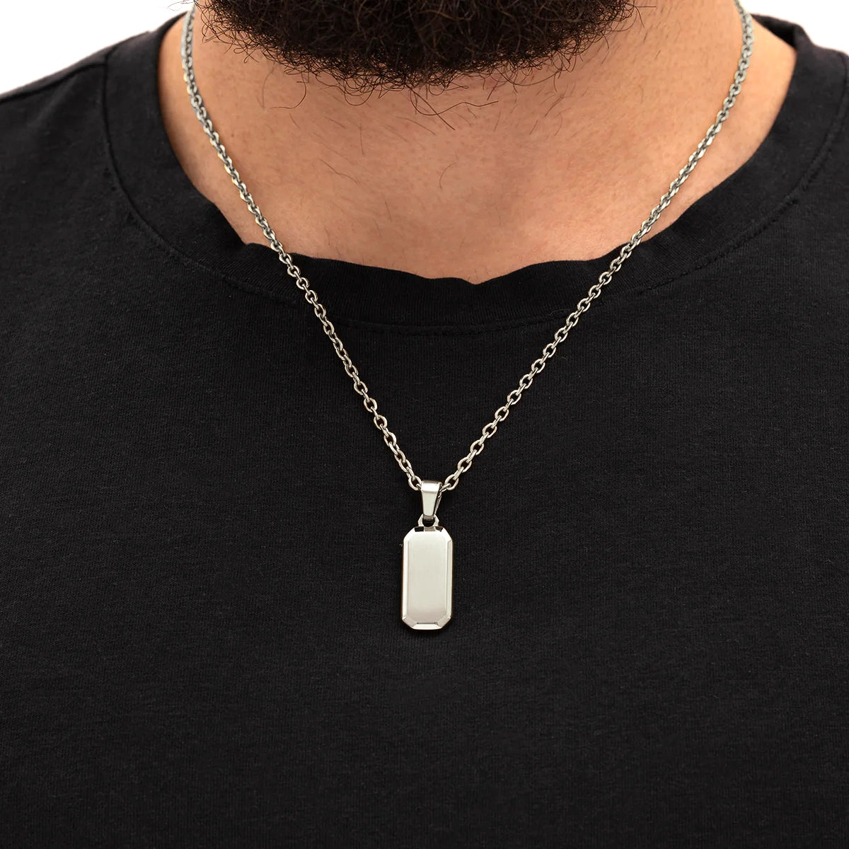 Men wearing Julivno Rectangle Pendant 25mm in White Gold Plated finish