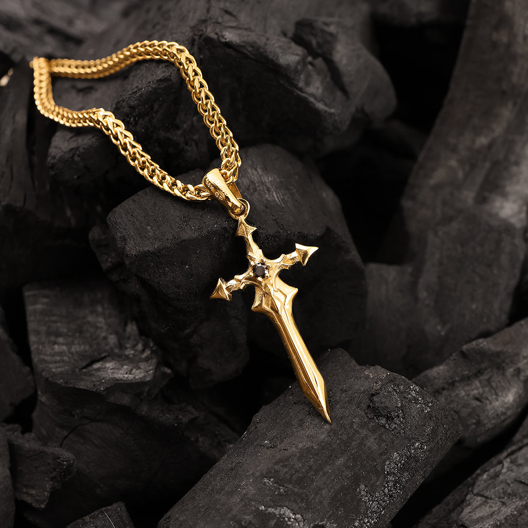 Close-up of Julivno Sword Pendant 35mm highlighting Black Zircon and sleek blade detailing