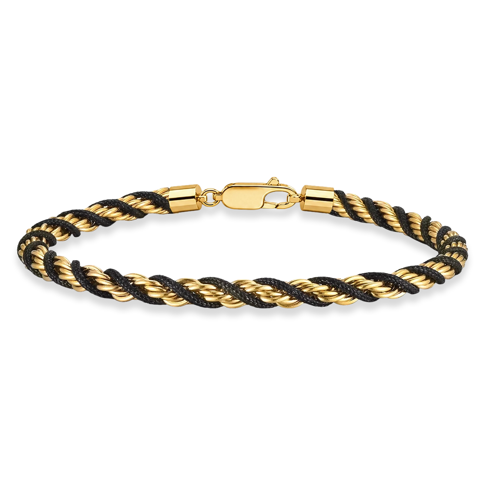 A twisted rope chain bracelet featuring alternating black and gold strands, finished with a polished gold clasp, shown on a plain white background.