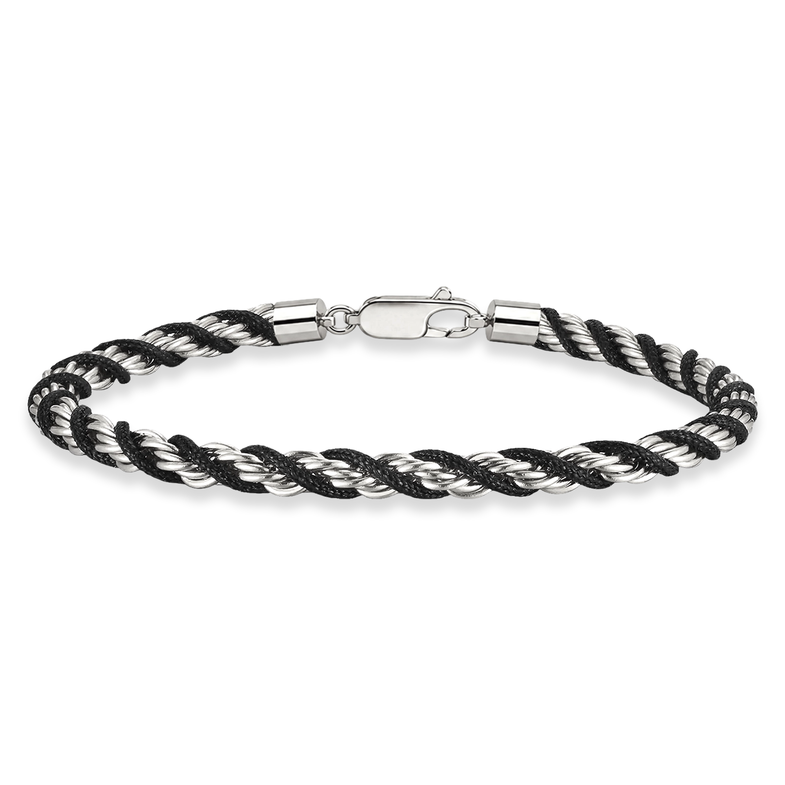 A twisted rope chain bracelet featuring alternating black and silver-toned links, finished with a polished silver lobster clasp, shown on a plain white background.