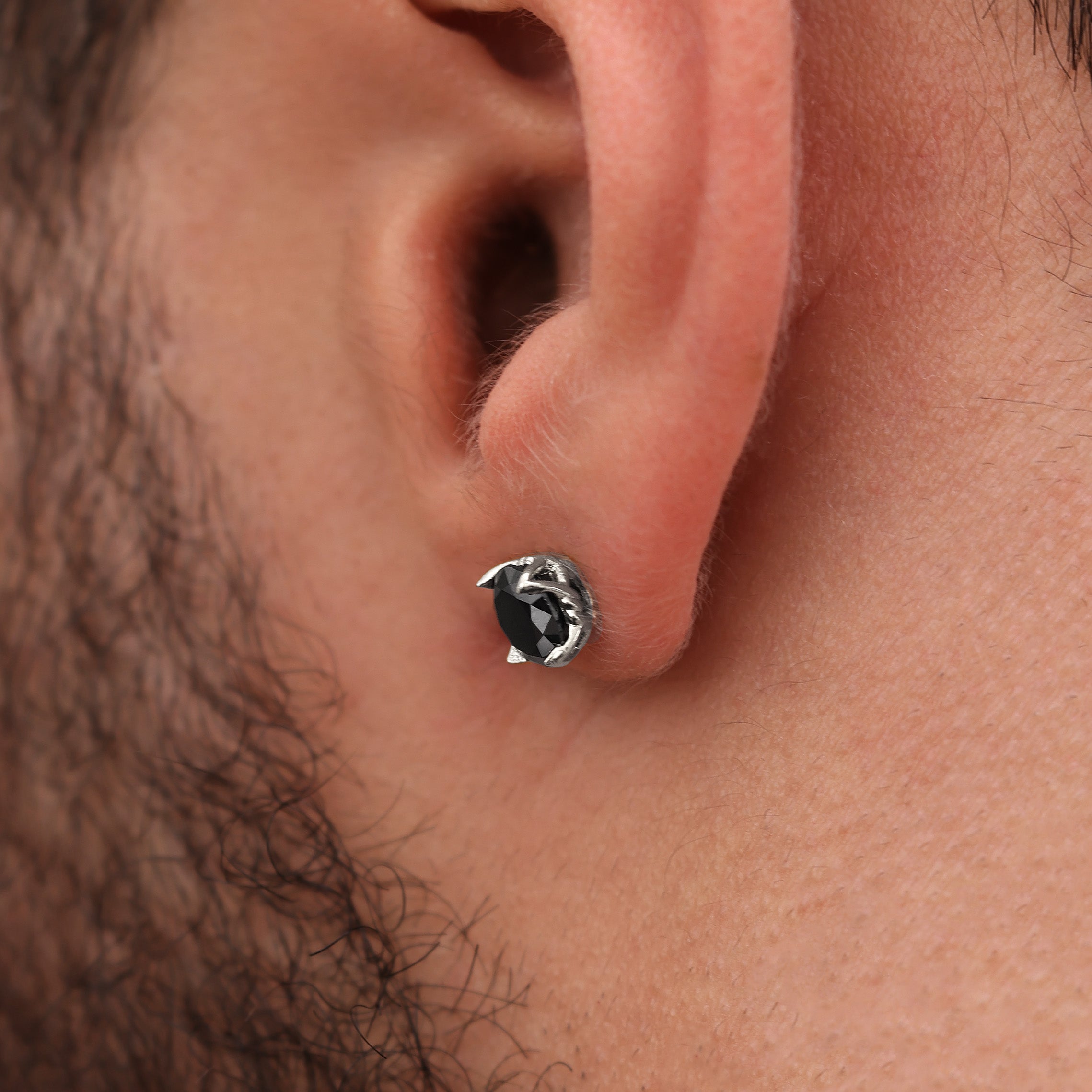 Platinum Plated Crystal Stud Earring 7mm with Black Zircon worn premium men’s stud earring lifestyle view