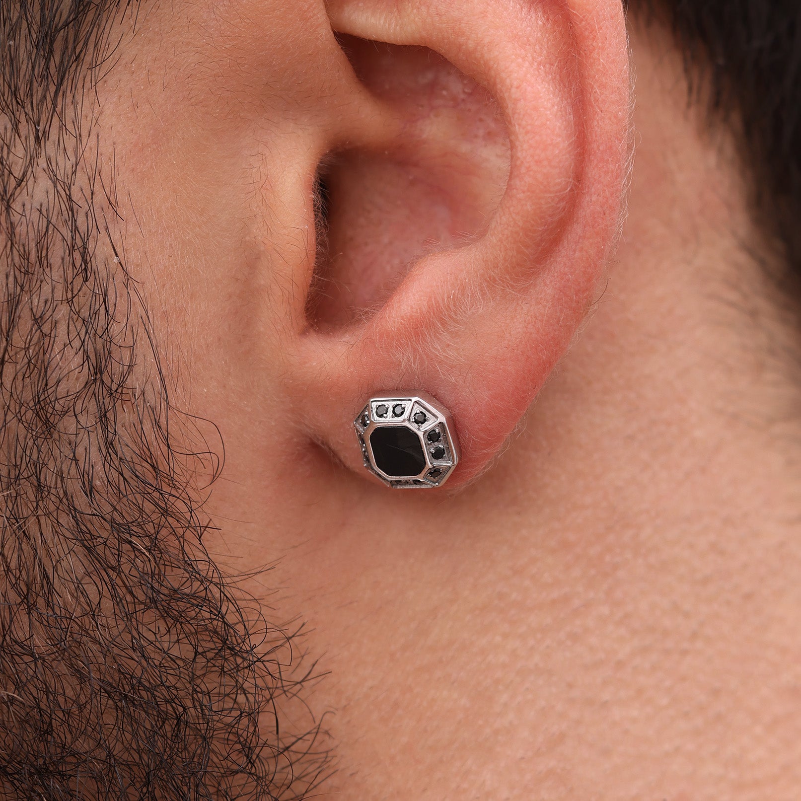 Platinum Plated Diamond Hex Stud Earring 9mm with Black Zircon worn premium men’s stud earring lifestyle view