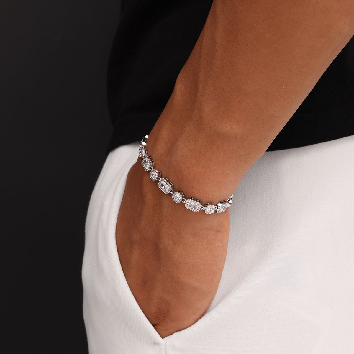 Platinum Plated Heritage Bracelet 6.5mm with White Zircon worn on wrist premium men’s luxury gemstone bracelet lifestyle view