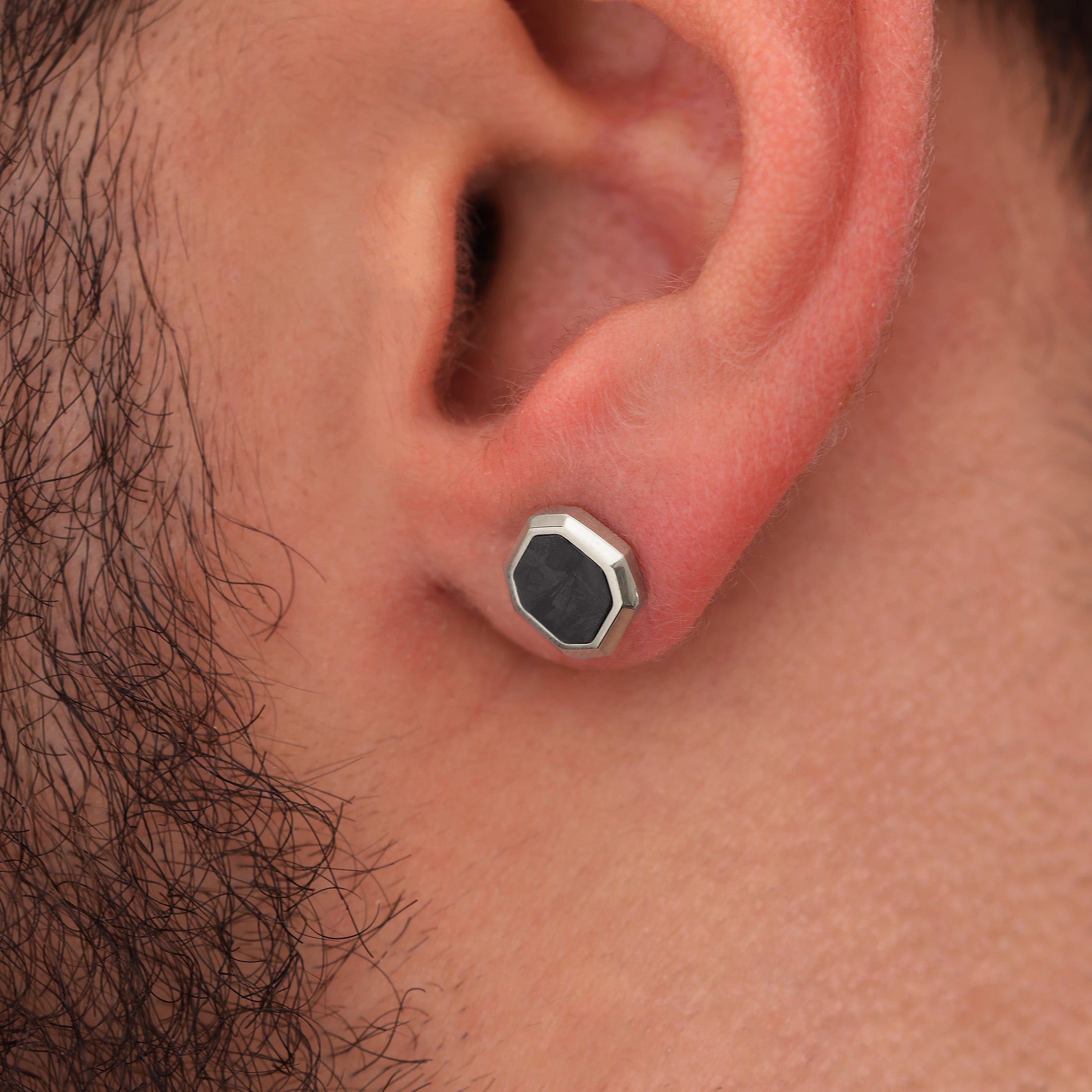 Platinum Plated Hex Stud Earring 9mm worn premium men’s stud earring lifestyle view