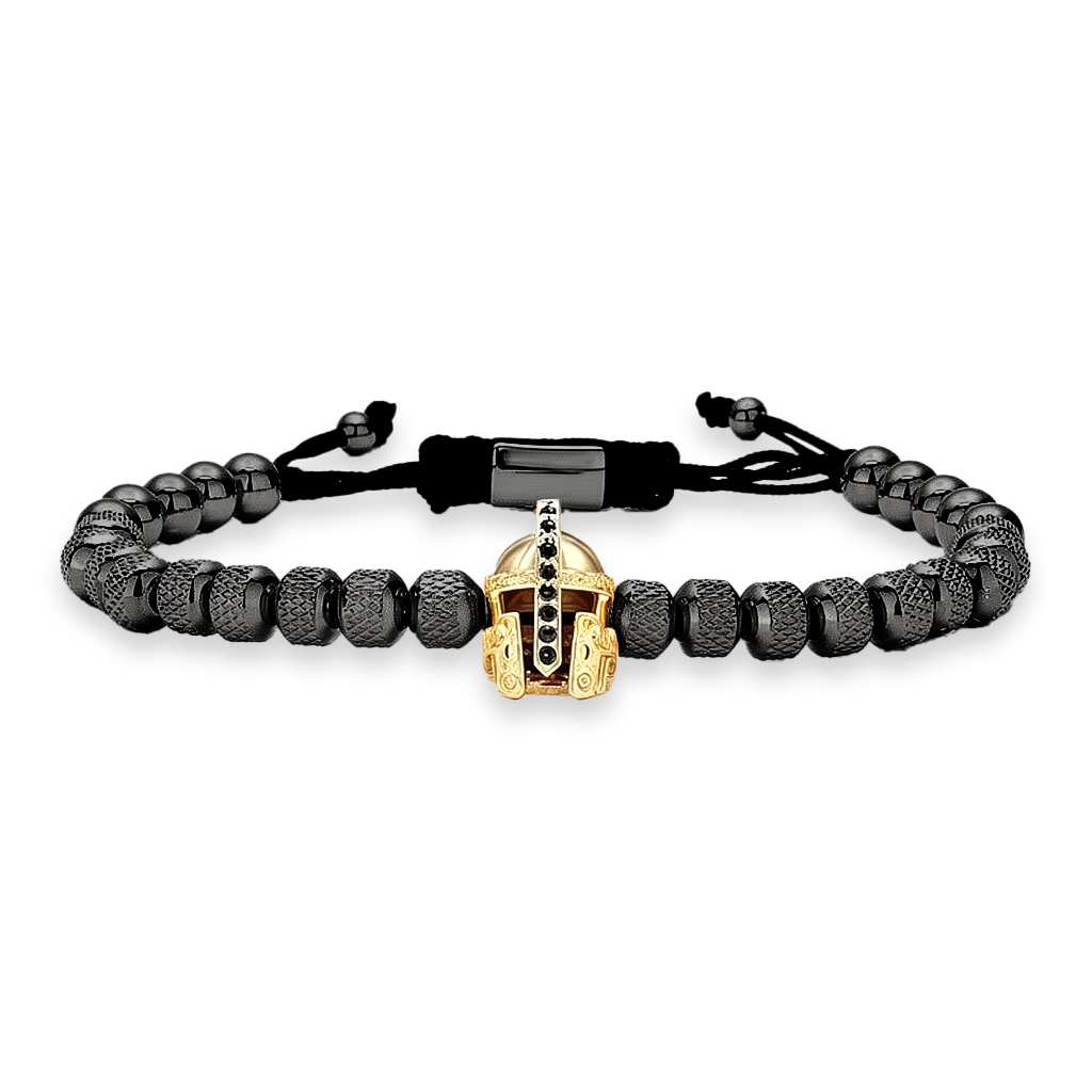 Black beaded bracelet with a gold and black sparta