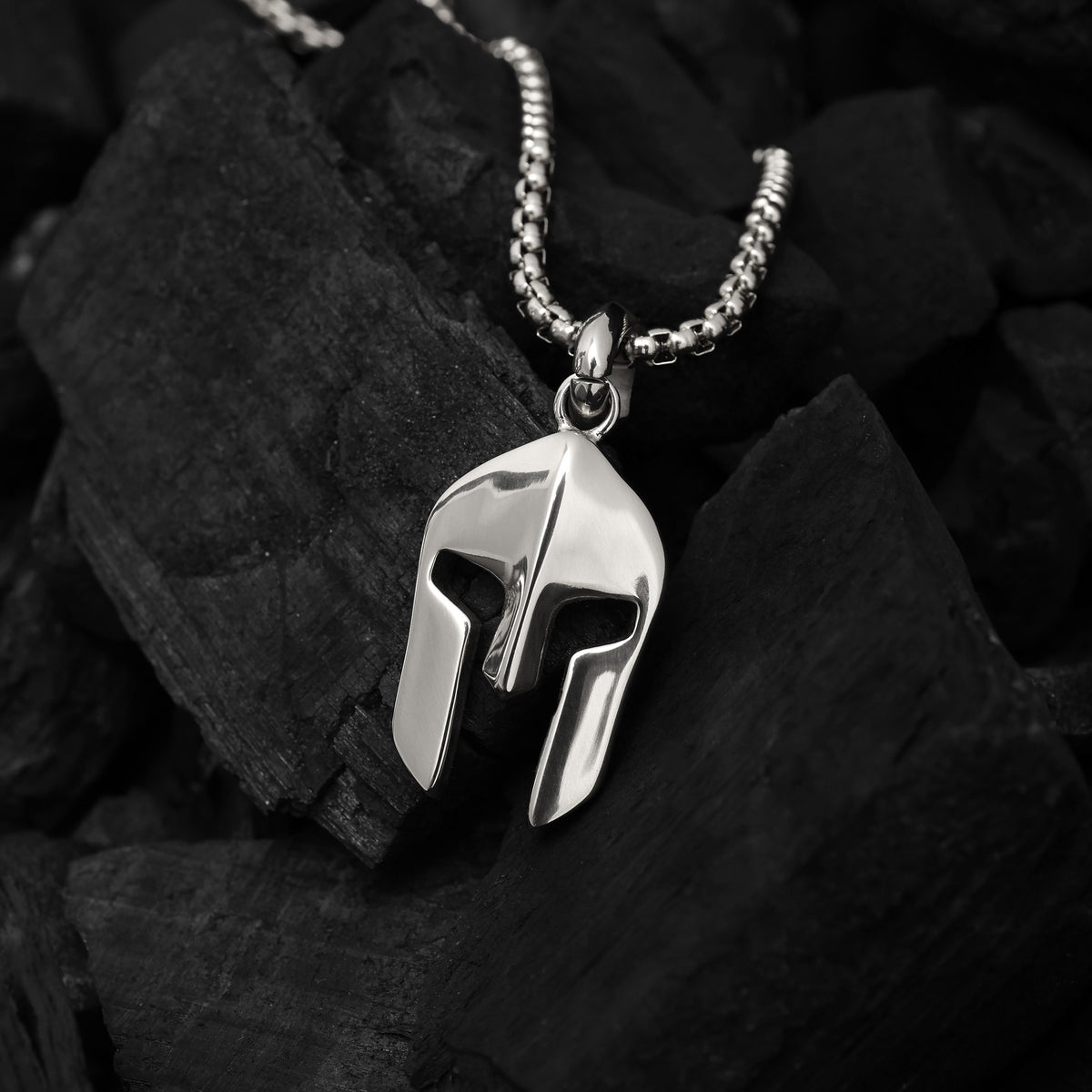 Close-up of Platinum Plated Spartan Pendant showing intricate helmet detailing, sculpted warrior design, and polished platinum finish