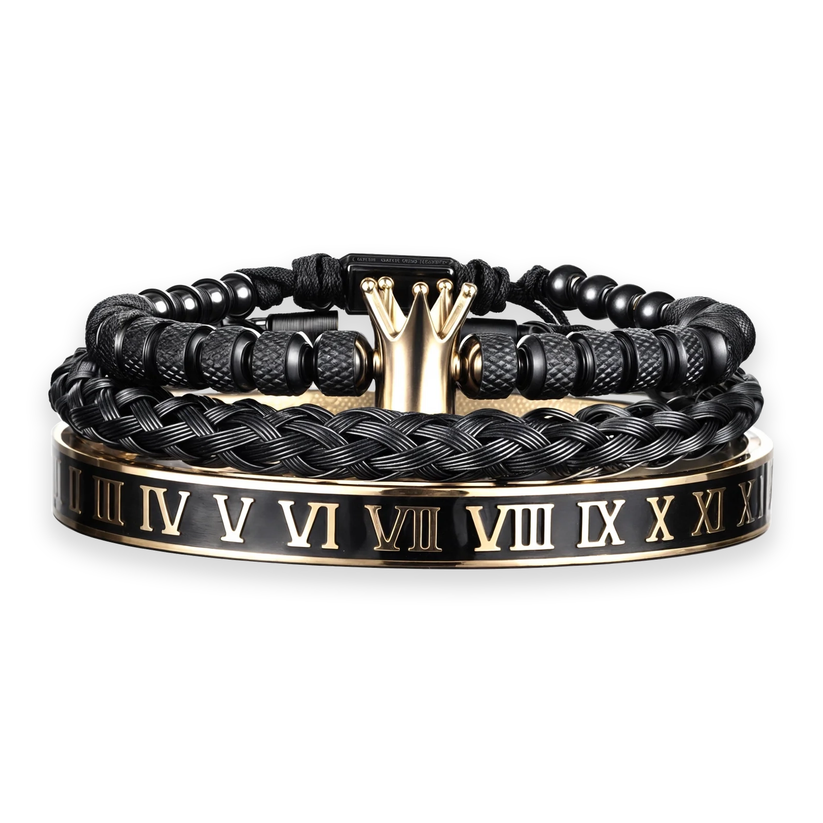 Black braided bracelet with gold crown and Roman numeral design o