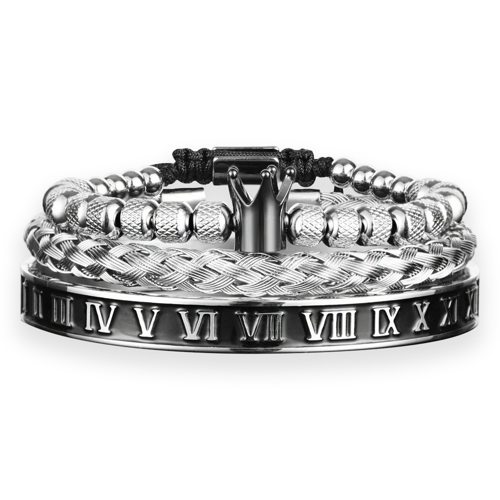 Silver and black bracelet with braided design and Roman numeral detailing
