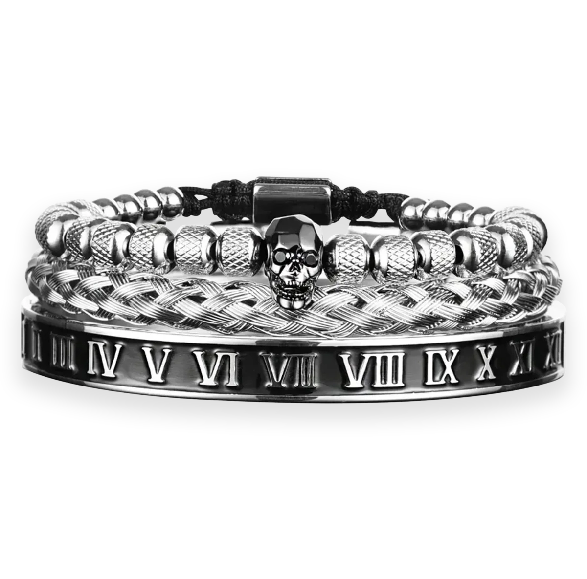 silver bracelet set with Roman numeral design and skull head