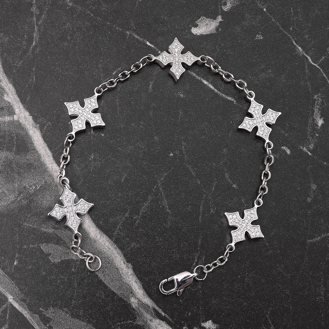 Close-up of Platinum Plated Diamond Van Goth Bracelet showing white zircon stones and signature design