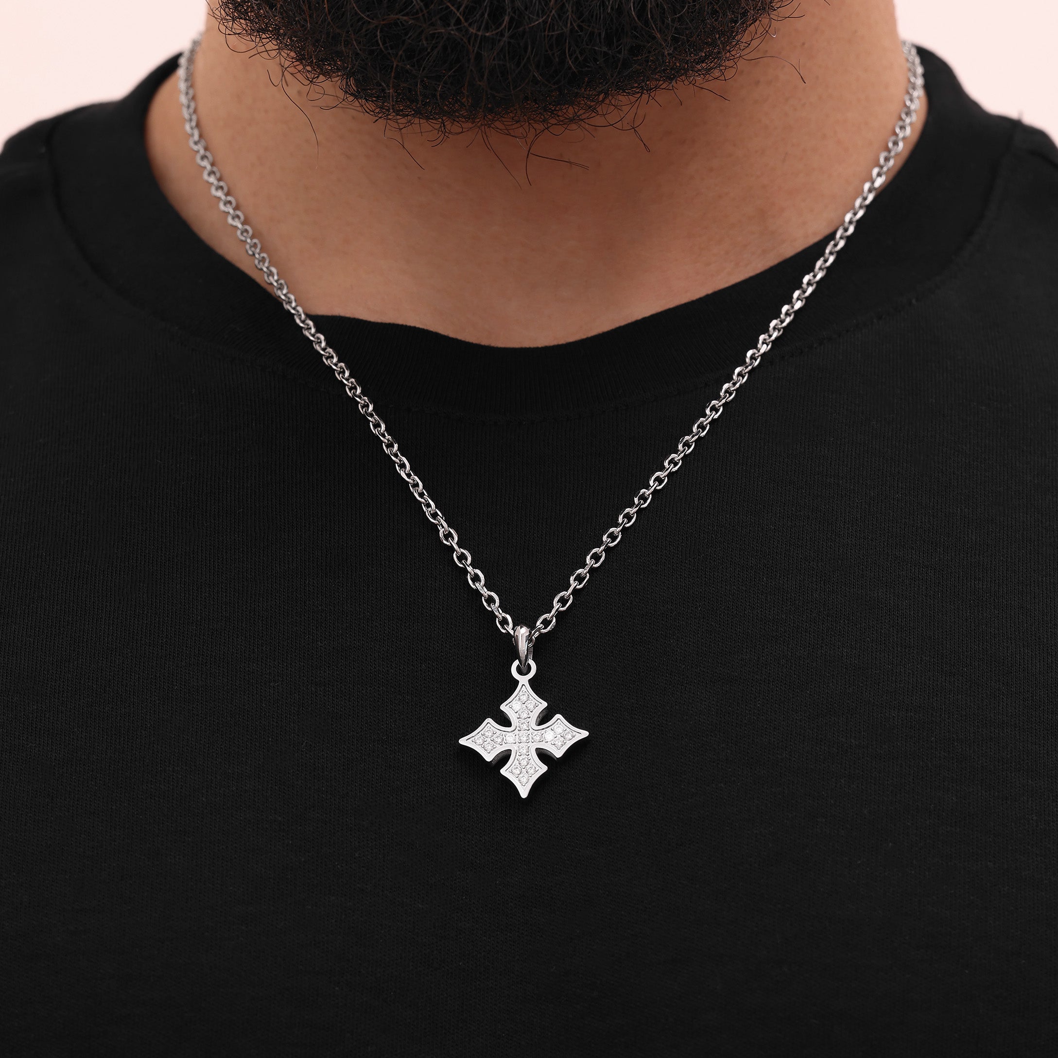 Platinum Plated Diamond Van Goth Pendant 25mm with White Zircon worn on chain premium men’s cross pendant lifestyle view
