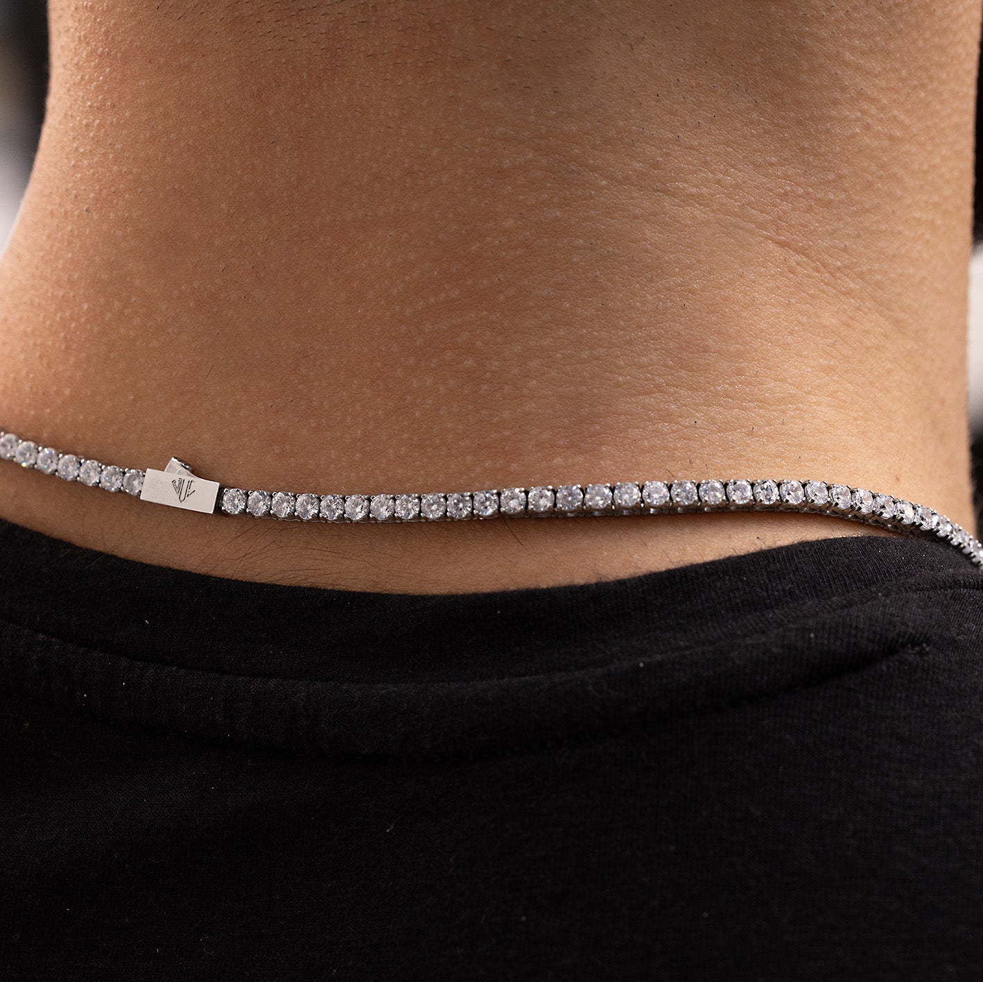 White Gold Plated Tennis Chain 3mm with White Zircon worn on neck premium men’s chain lifestyle view
