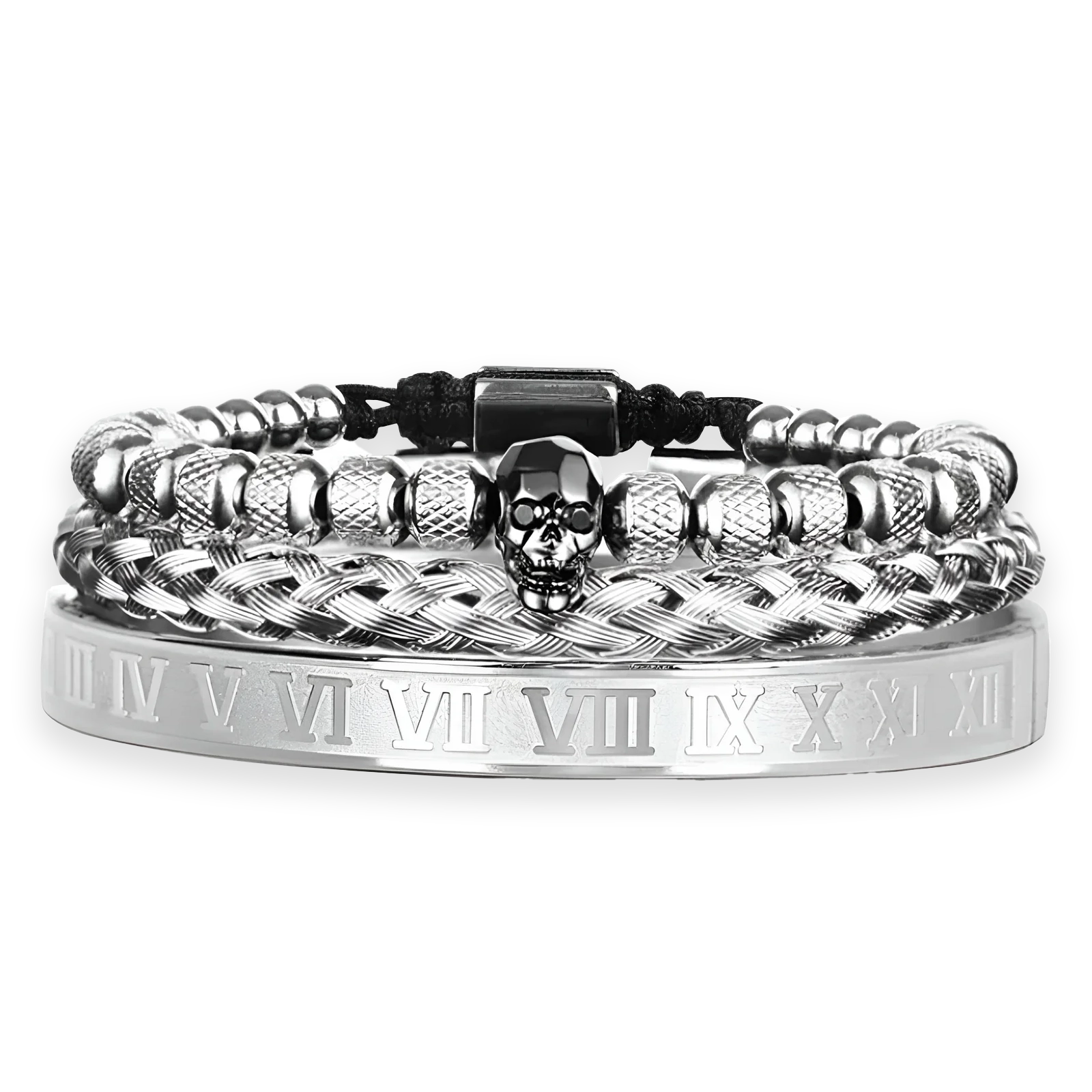 White Gold Plated Trio Skeleton Bracelets premium men’s skull bracelet set front view
