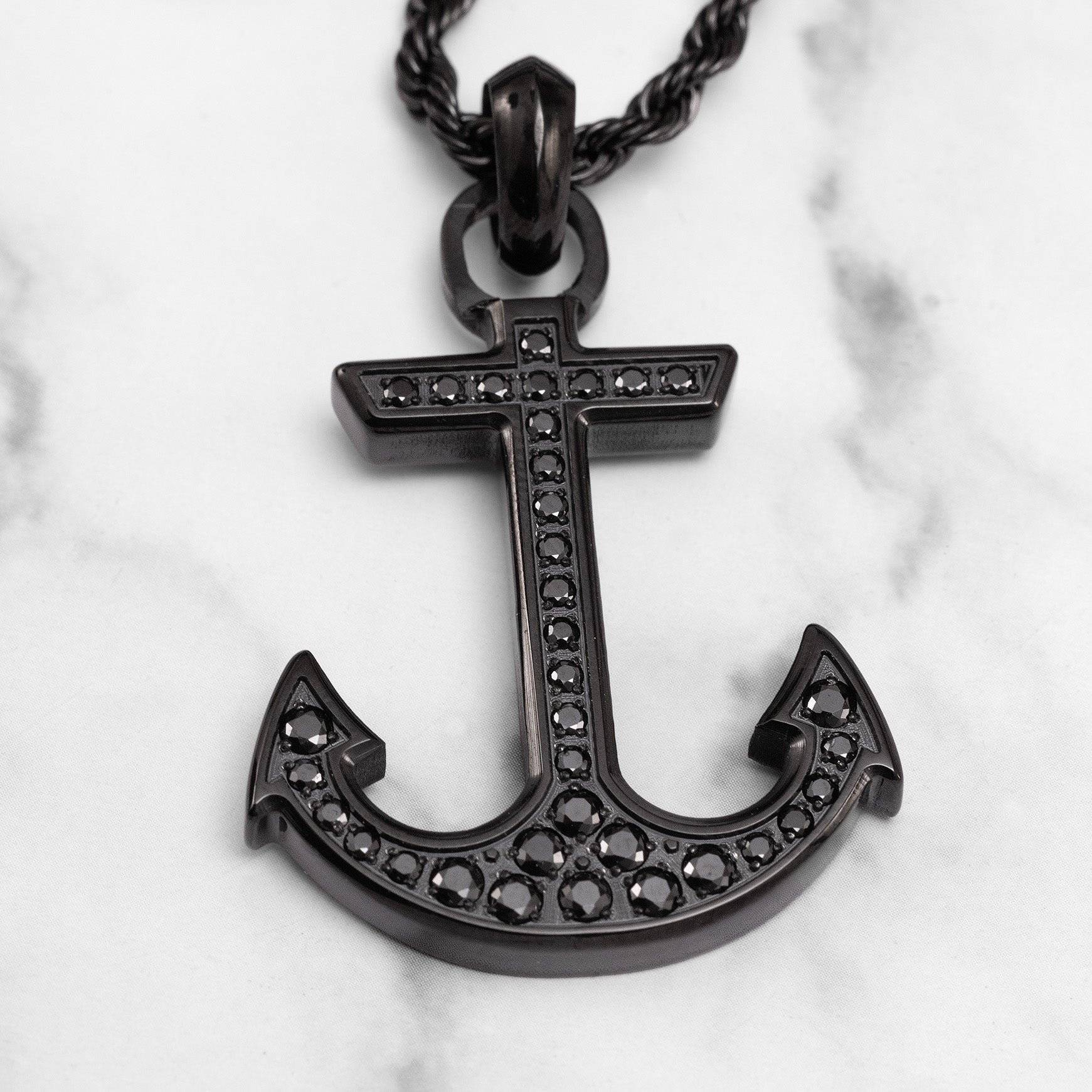 Luxury black rhodium anchor pendant with black diamond centerpiece