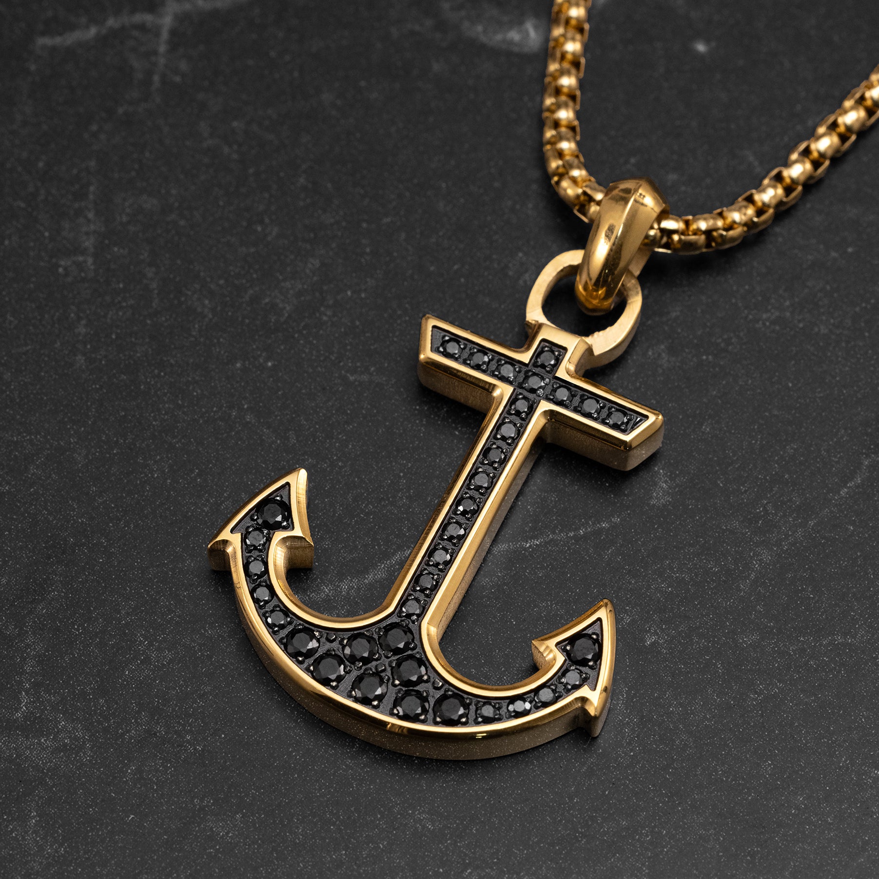Luxury gold plated anchor pendant with black zircon centerpiece