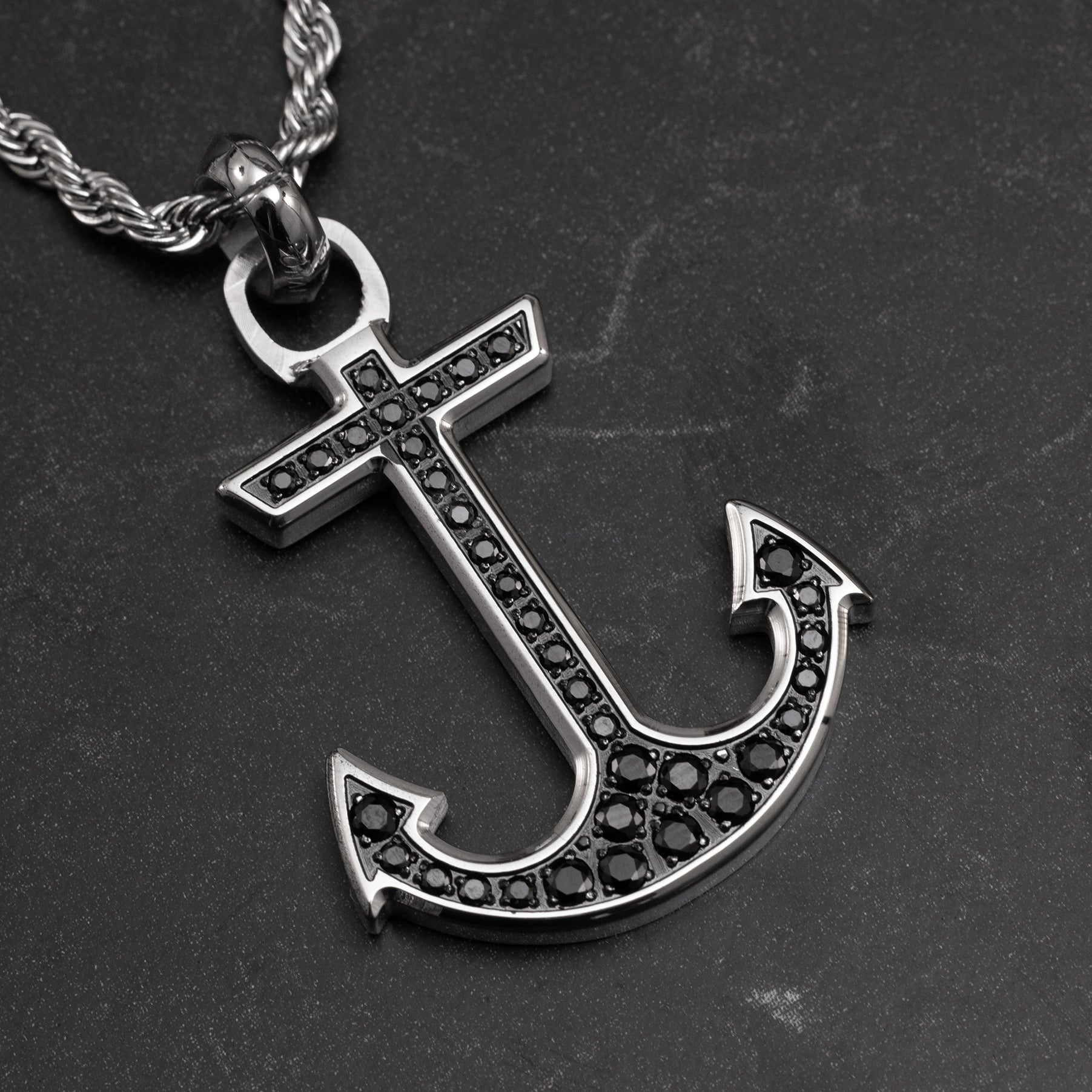 Luxury white gold anchor pendant with black zircon centerpiece