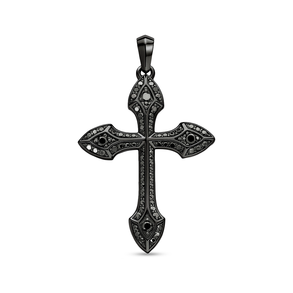 Luxury black rhodium plated diamond cross pendant with black zircon centerpiece