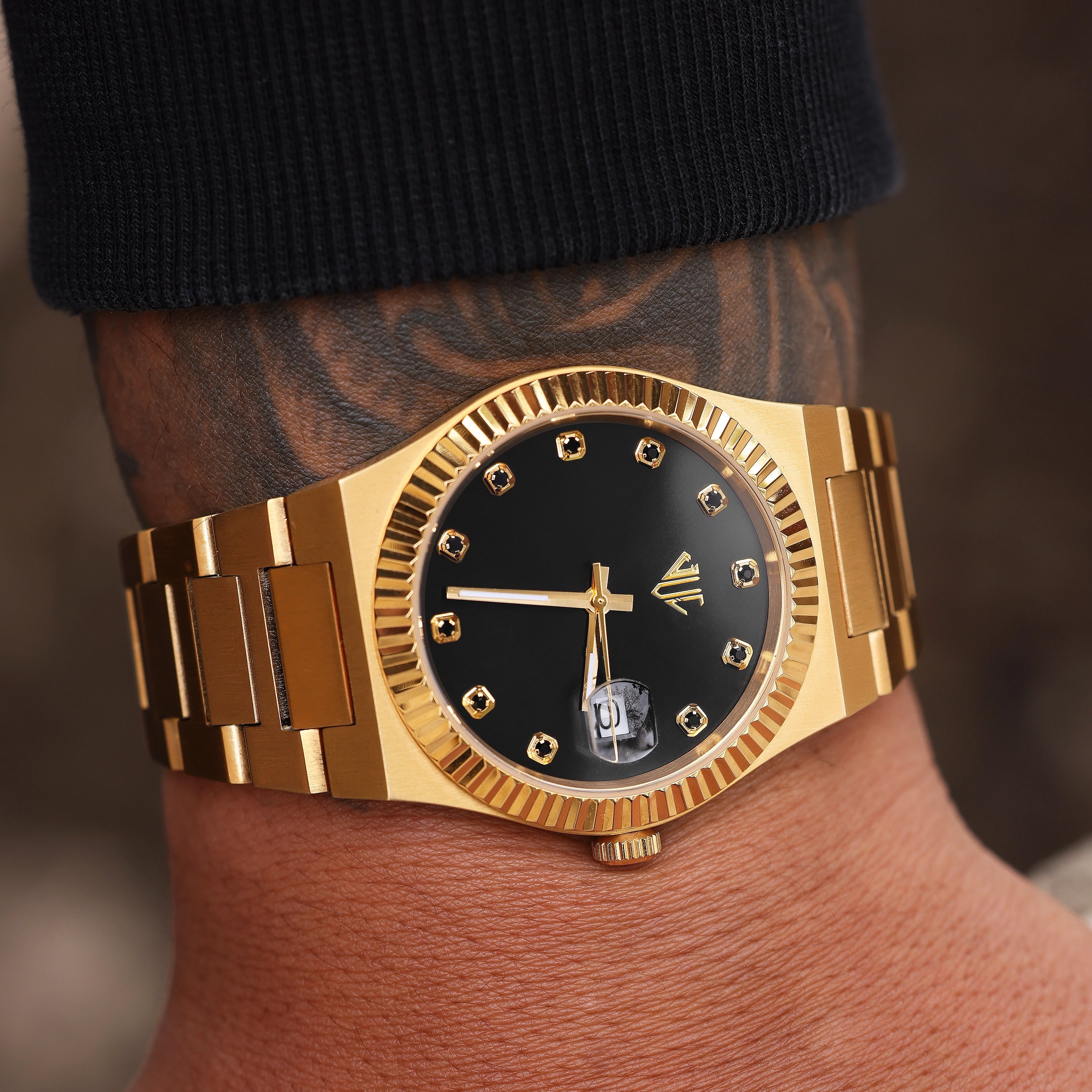 man wearing Premium Julivno royal watch featuring black zircon accents