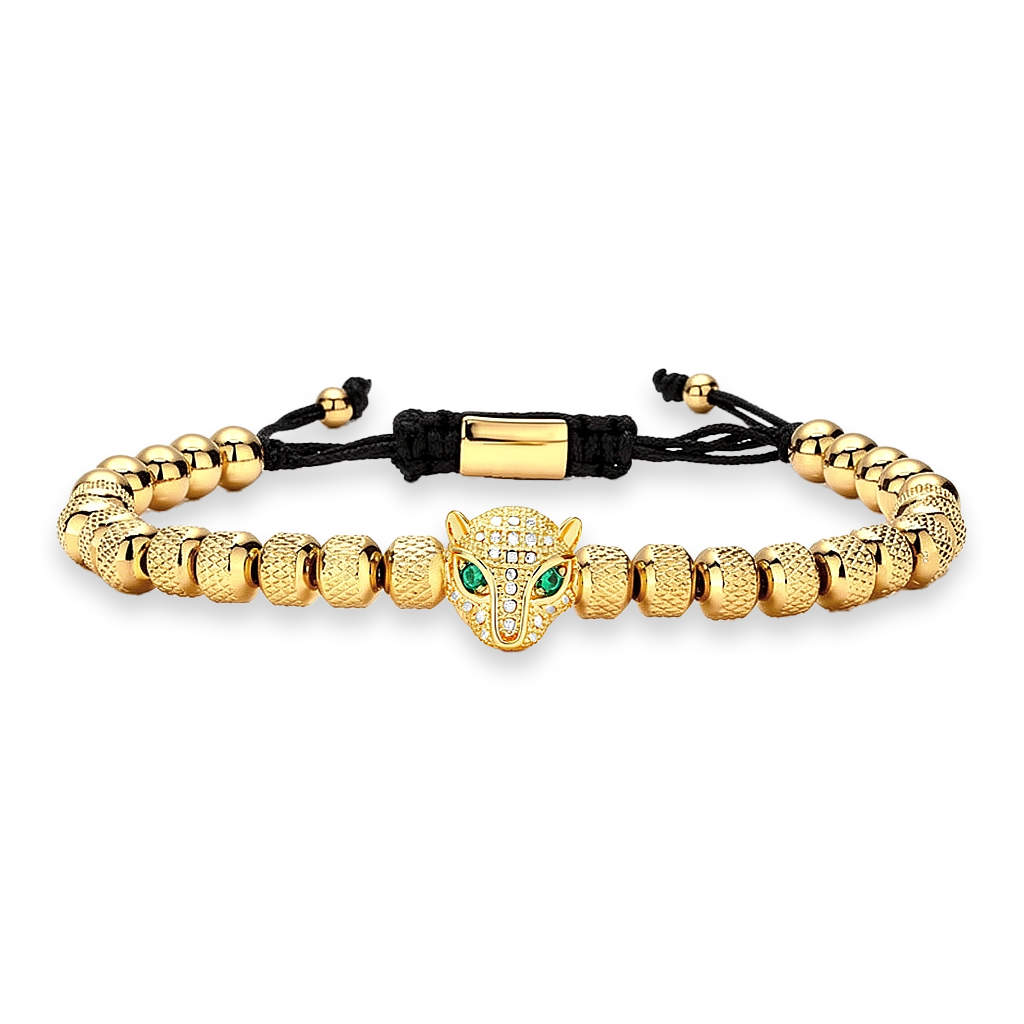 Gold bracelet with leopard head design