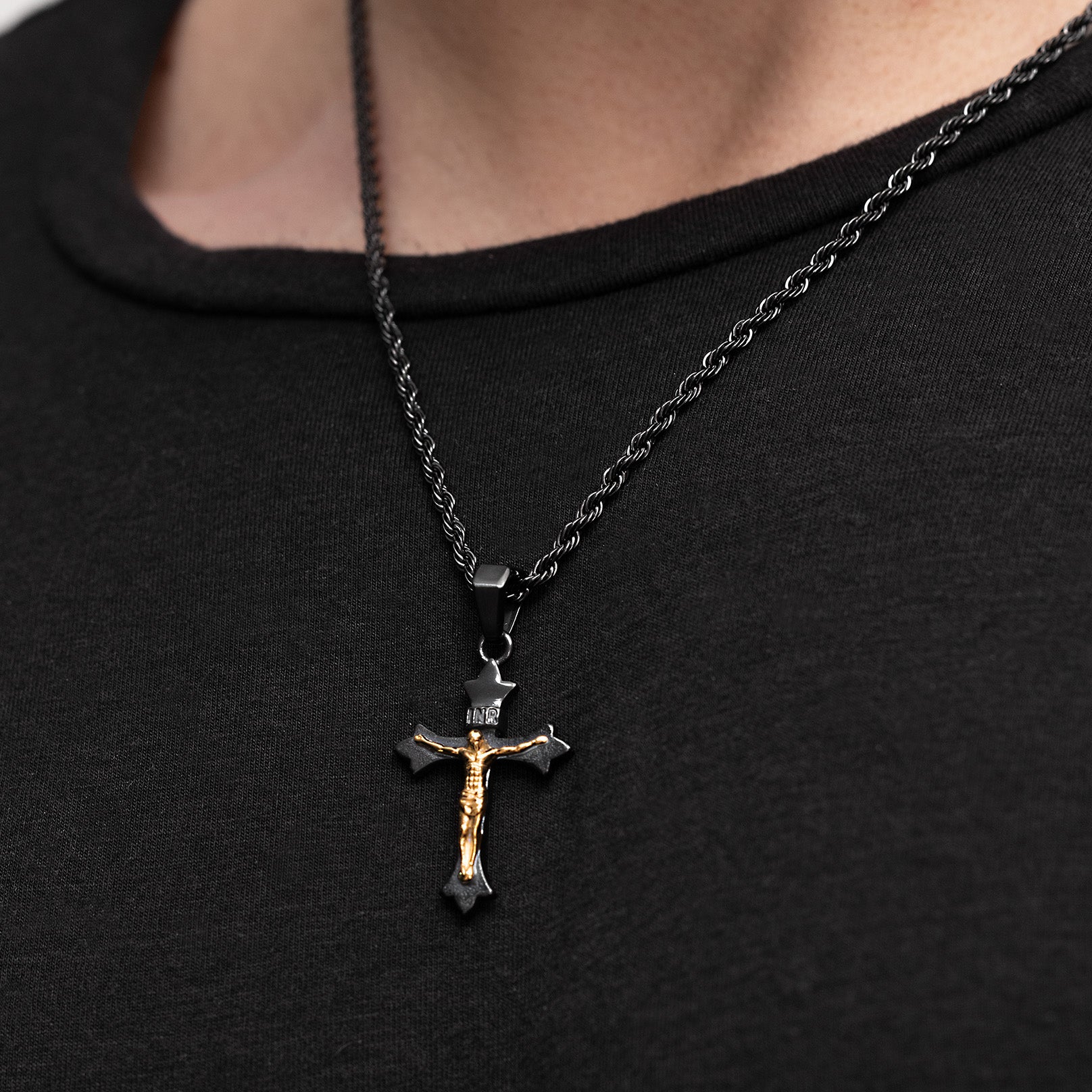 Luxury black rhodium and gold medieval cross pendant with ornate detailing