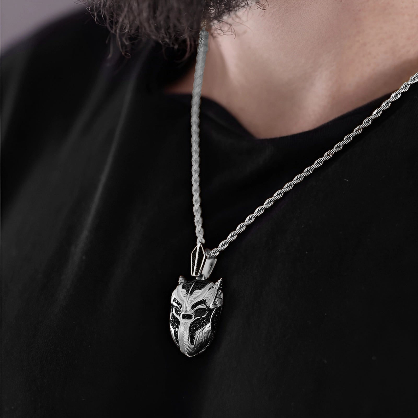 Luxury white gold plated panther pendant with black zircon detailing