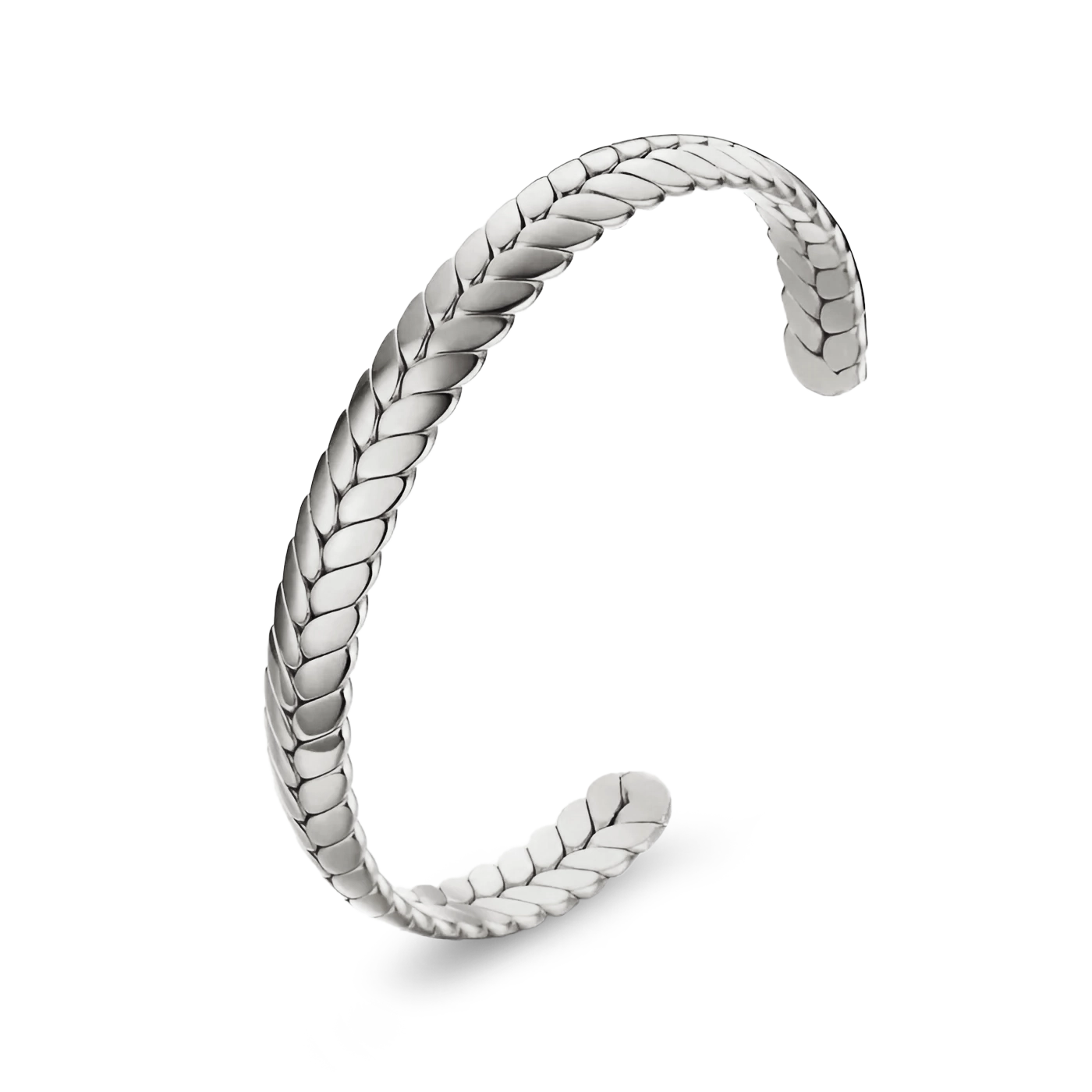 Premium men’s white gold plated wheat cuff bracelet with woven design