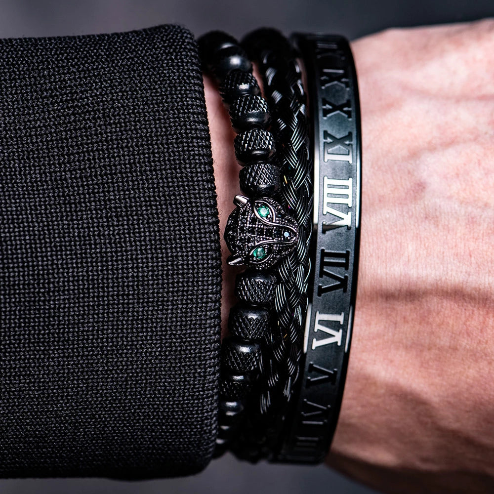 EMERALD LEOPARD HEAD BRACELET - BLACK - JULIVNO