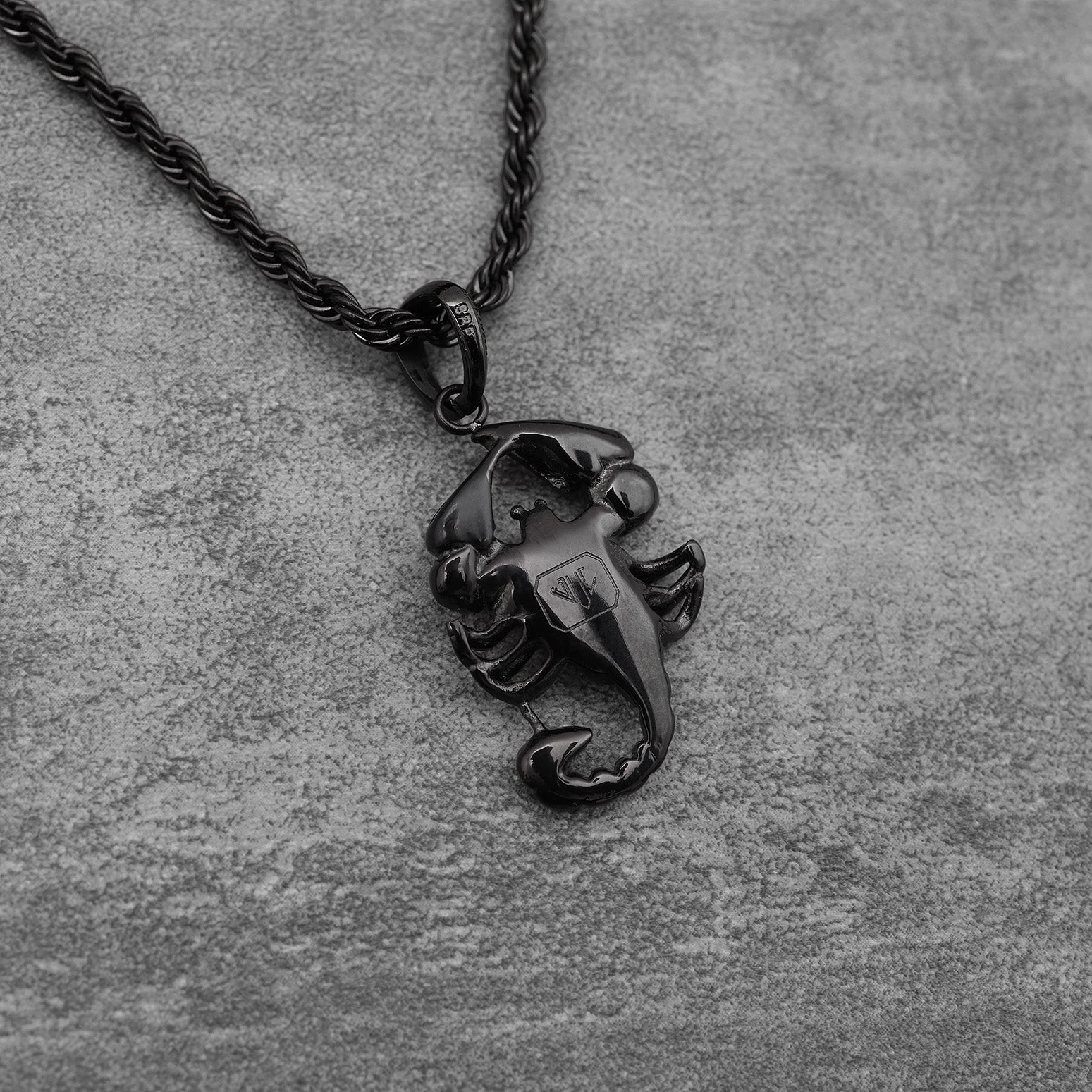 Close-up of Black Rhodium Plated Scorpion Pendant showing detailed scorpion design and craftsmanship
