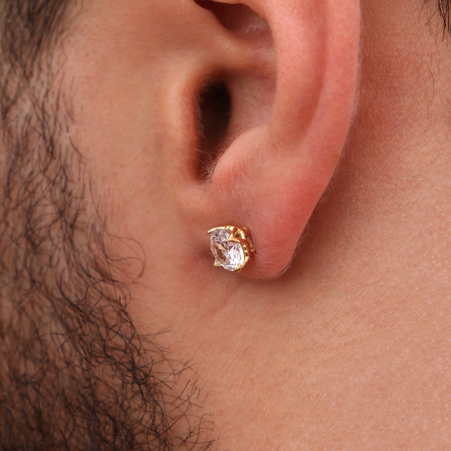 Gold Plated Crystal Stud Earring 7mm with White Zircon worn premium men’s stud earring lifestyle view