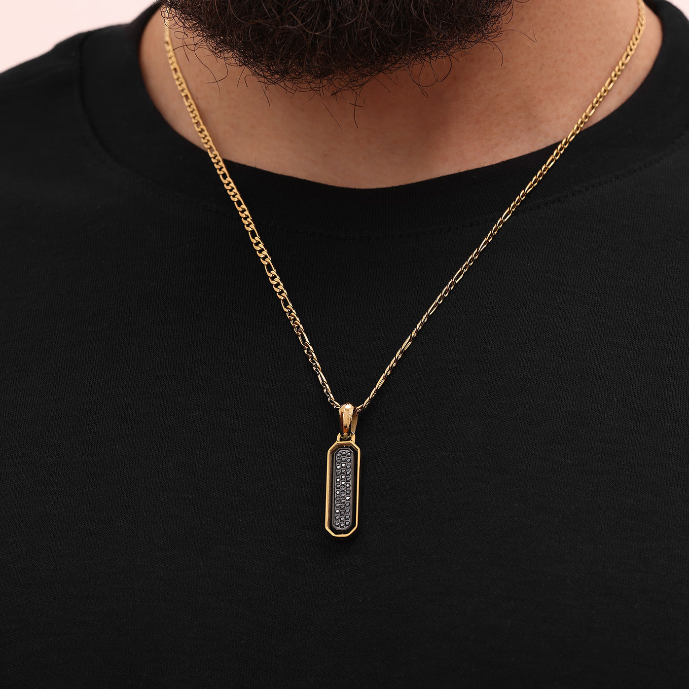 Gold Plated Diamond Flip Bar Pendant 25mm with Black Zircon worn on chain premium men’s pendant lifestyle view