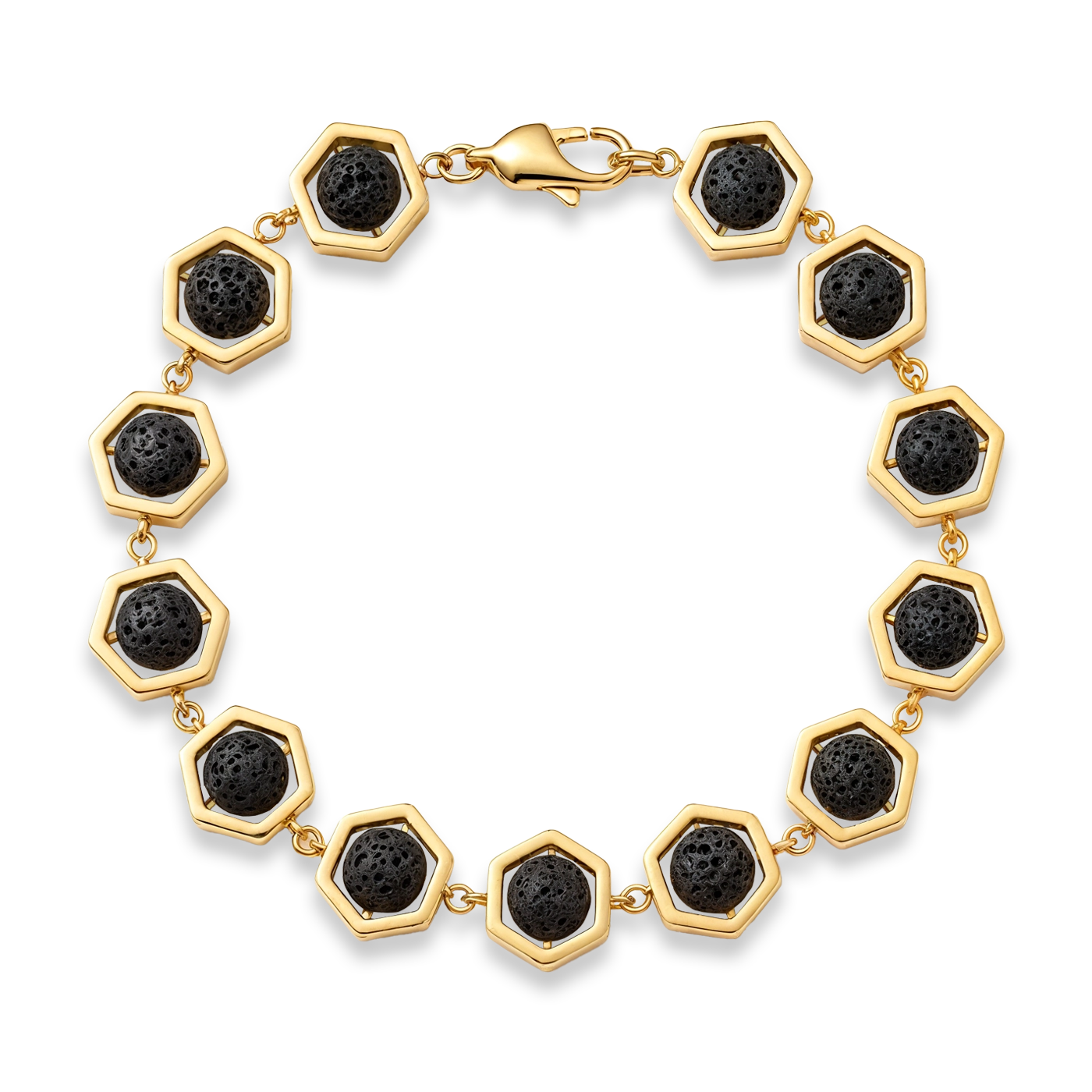 18K Gold Plated Hex Lava Bracelet 9mm premium men’s lava stone bracelet front view
