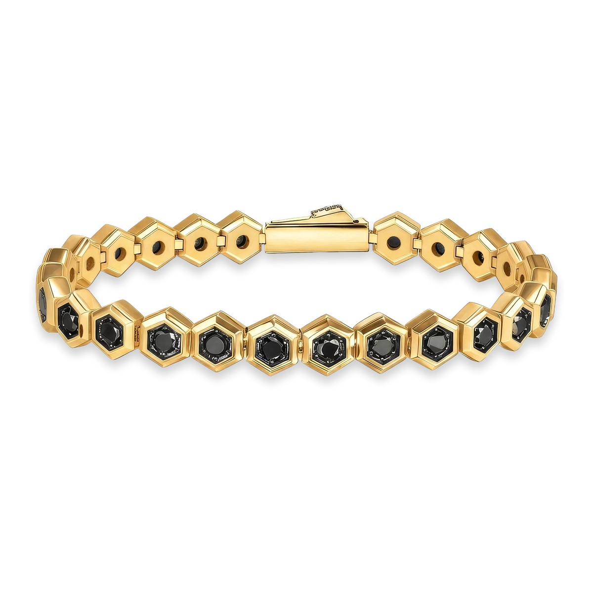 18K Gold Plated Hex Tennis Bracelet 7.5mm with Black Zircon premium men’s tennis bracelet front view