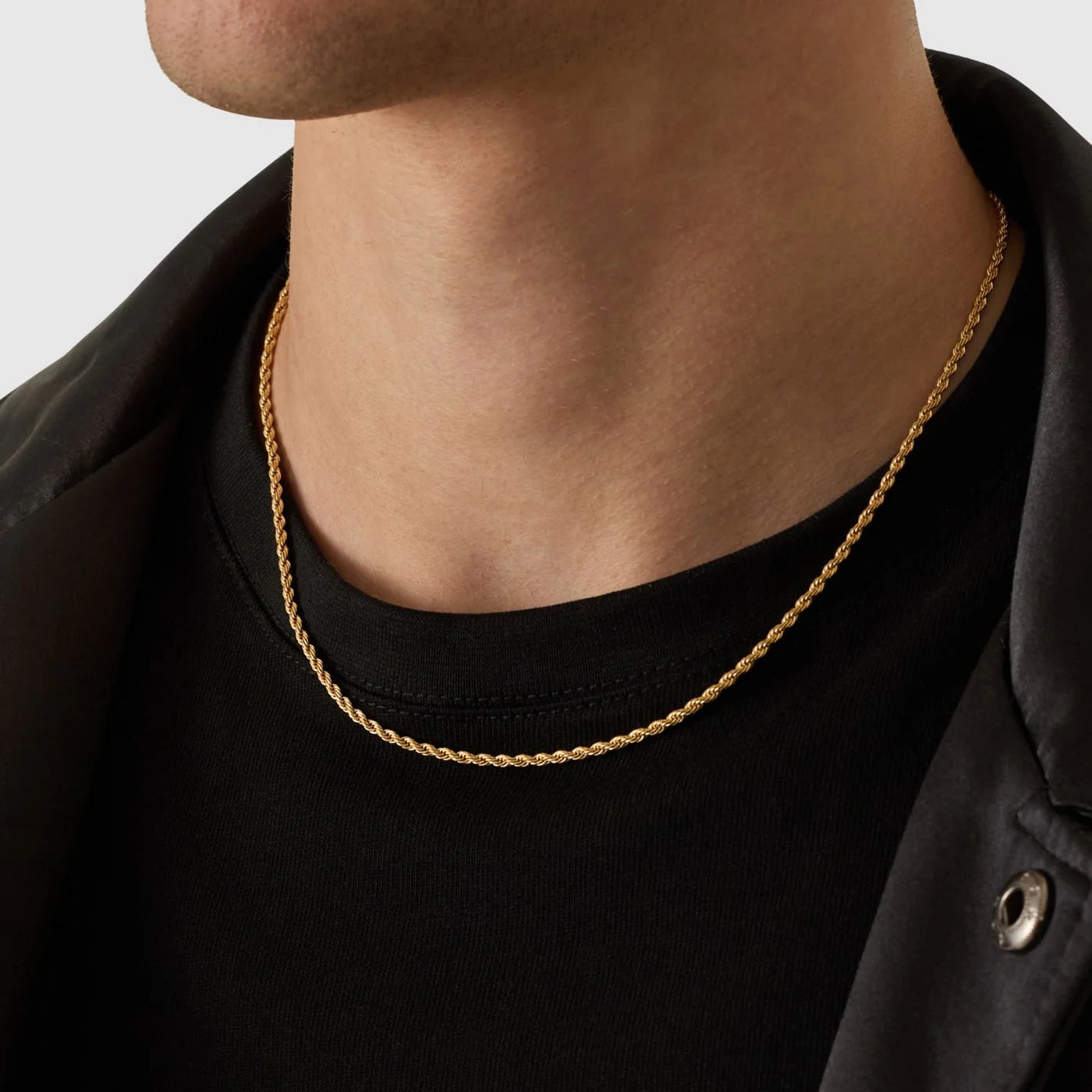 18K Gold Plated Rope Chain 3mm worn on neck premium men’s chain lifestyle view