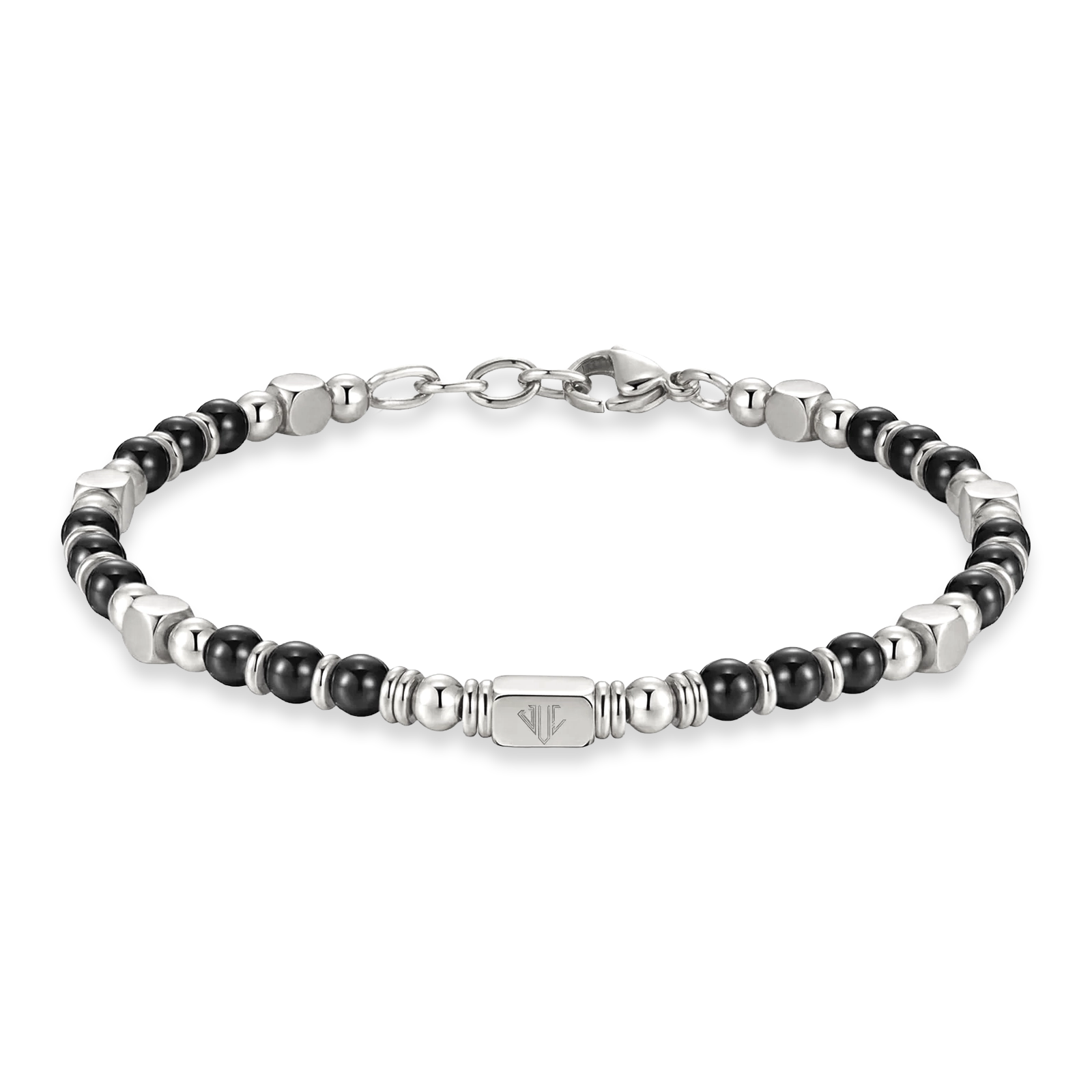Men’s Black Onyx bead bracelet 4mm with 18K White Gold Plated accents, Julivno