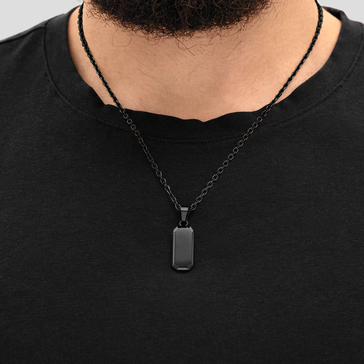 Men wearing Julivno Rectangle Pendant 25mm in Black Rhodium Plated finish