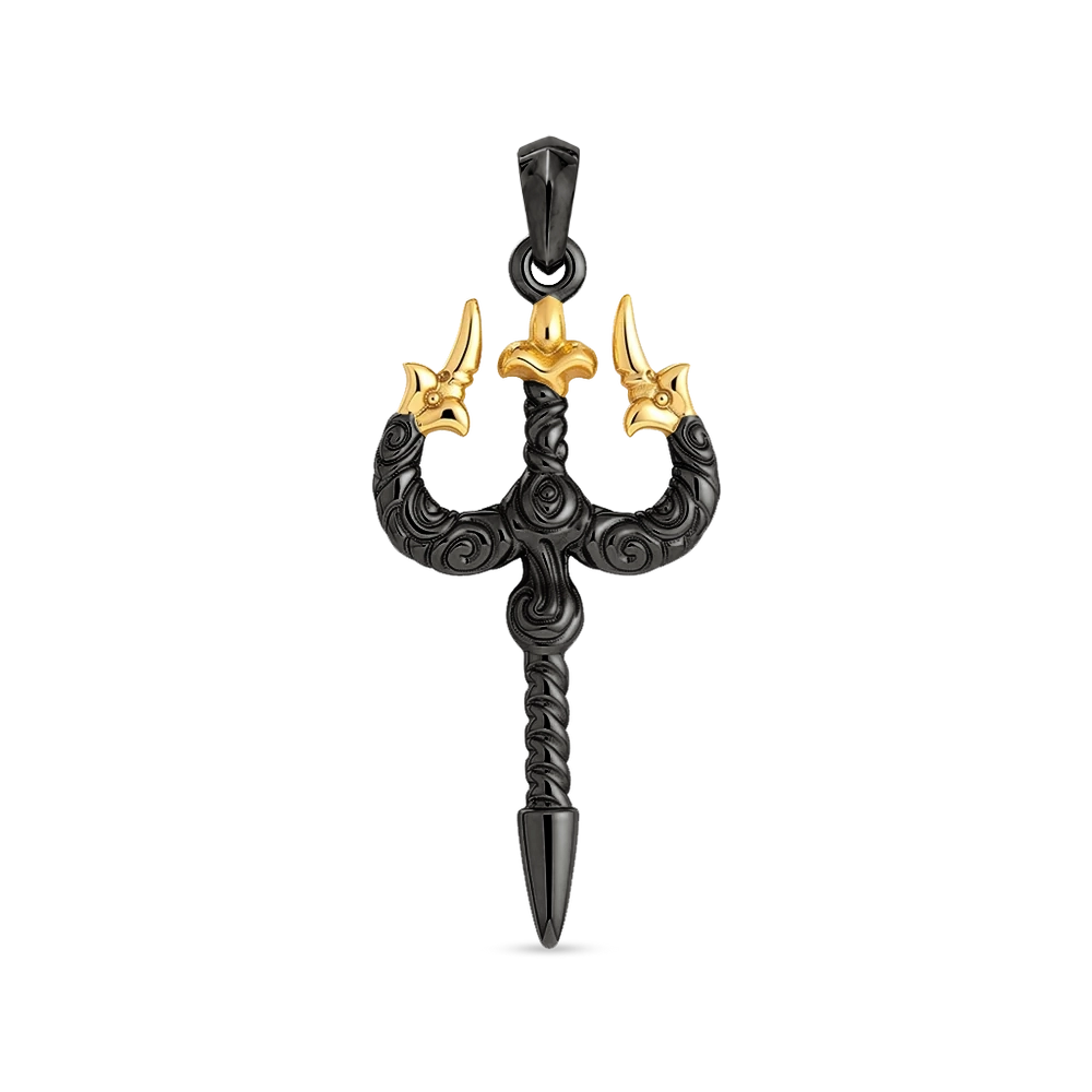 A black metal trident pendant with gold accents on the tines and a gold bail, shown on a plain white background.