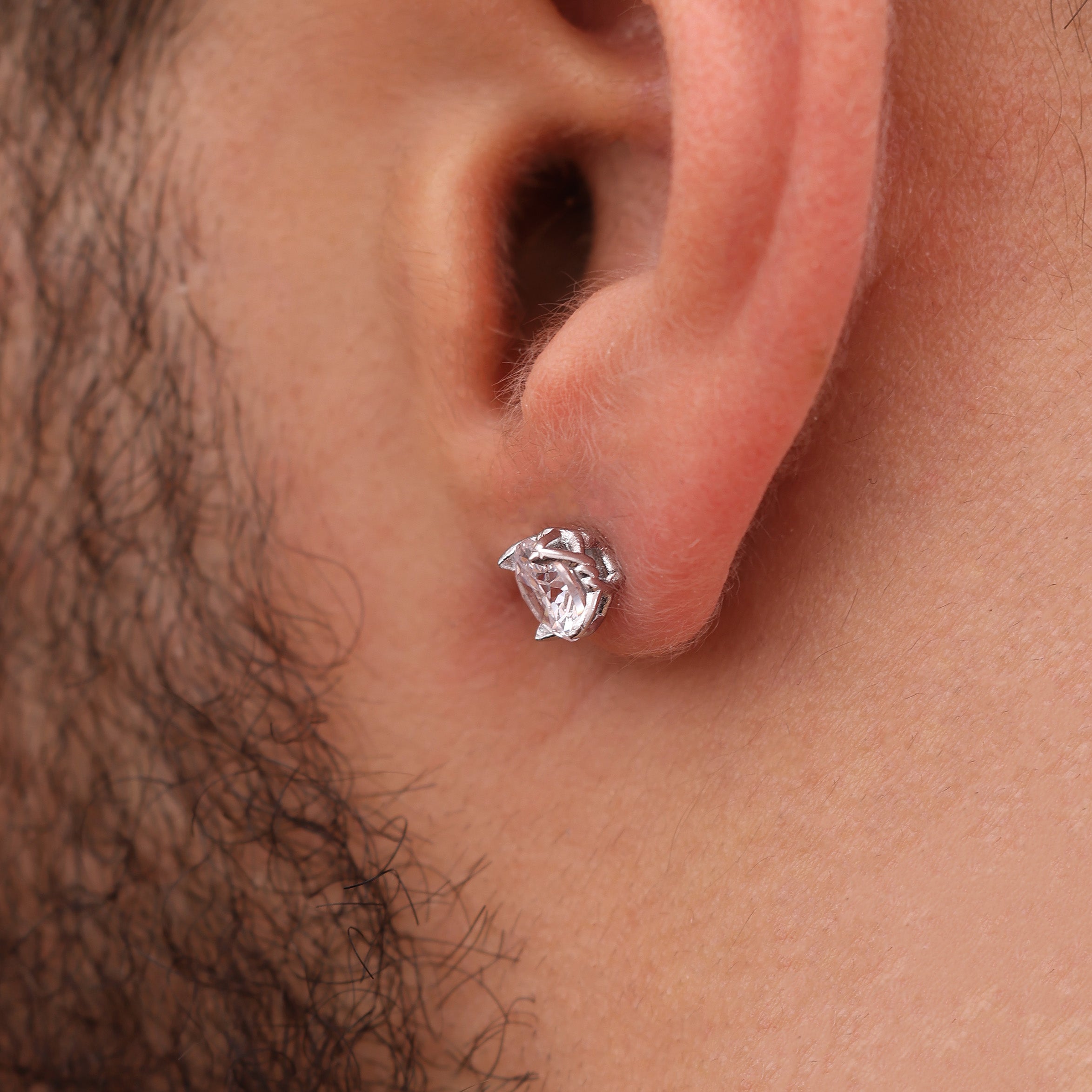 Platinum Plated Crystal Stud Earring 7mm with White Zircon worn premium men’s stud earring lifestyle view