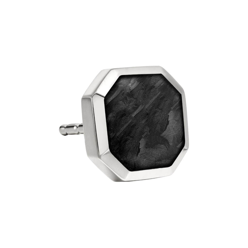 Platinum Plated Hex Stud Earring with black enamel premium men’s stud earring front view