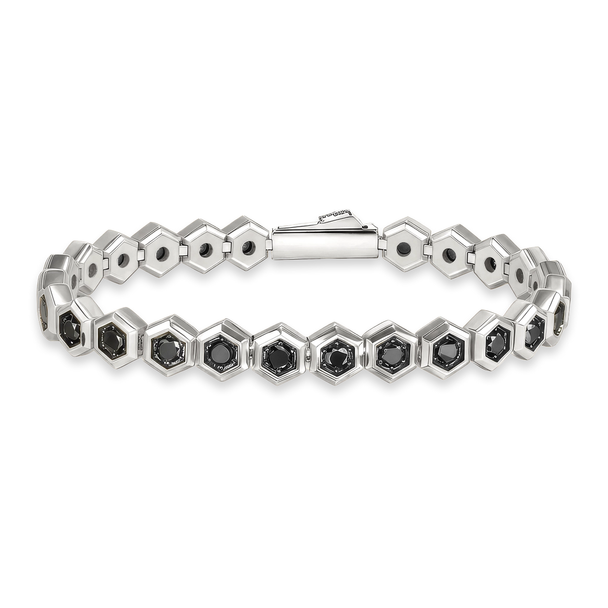 Platinum Plated Hex Tennis Bracelet 7.5mm with Black Zircon premium men’s tennis bracelet front view
