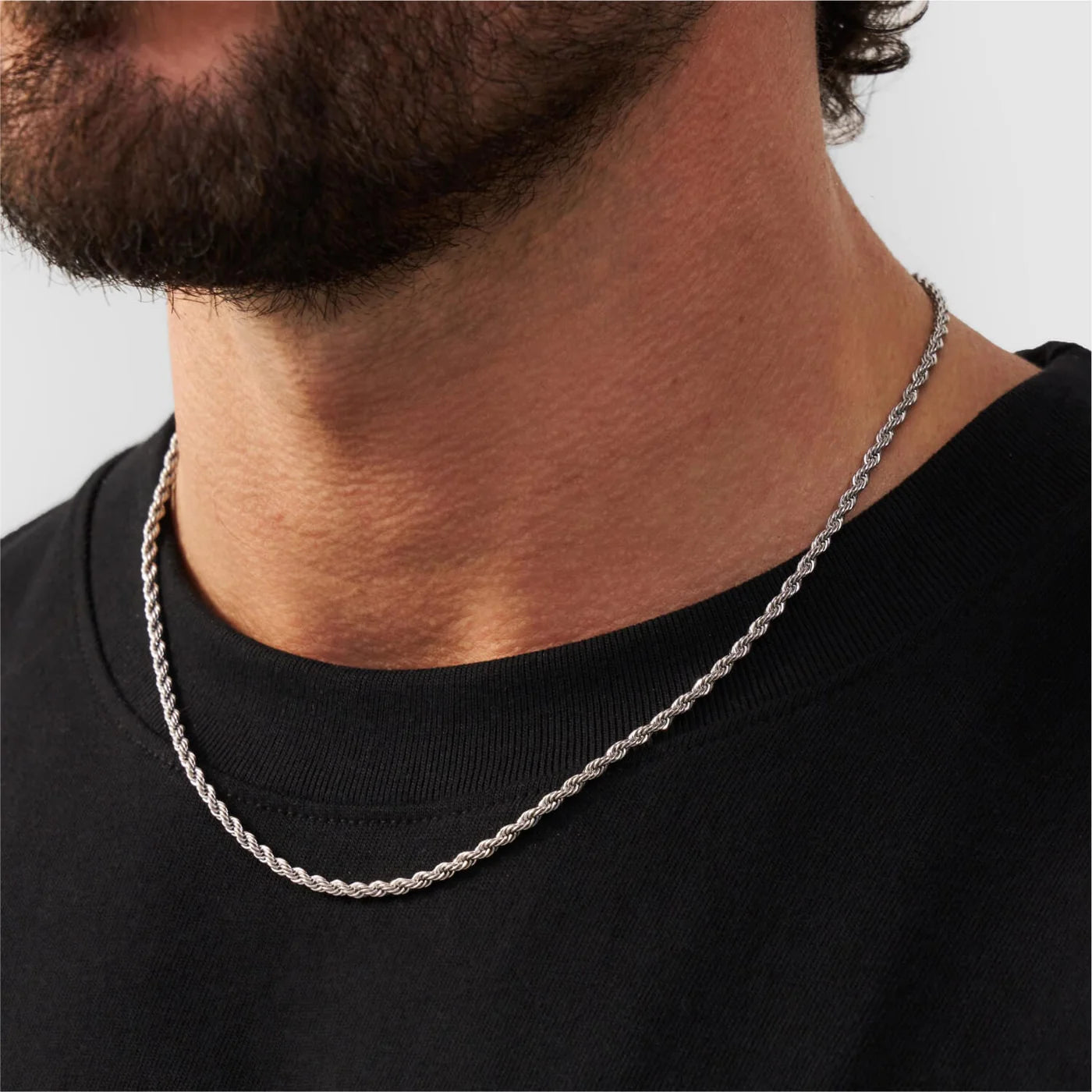 Close-up of White Gold Plated rope chain showing tightly interlocked woven link structure